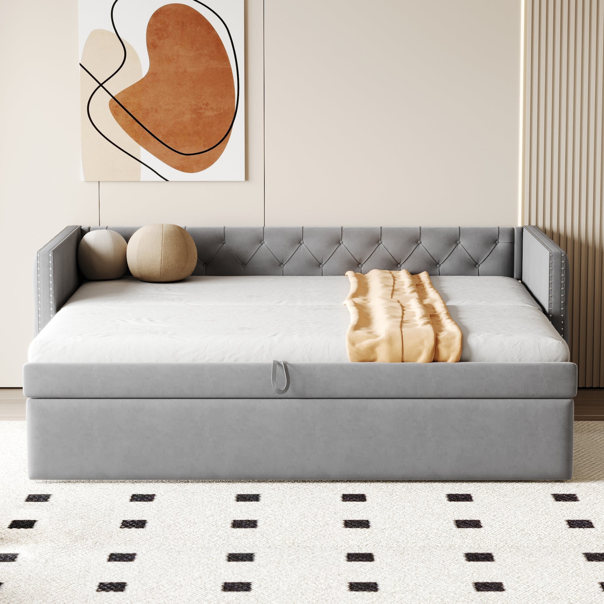 Extendable Sofa Bed with Slatted Base and Guest Bed Function, 90x200cm, Light Grey Velvet