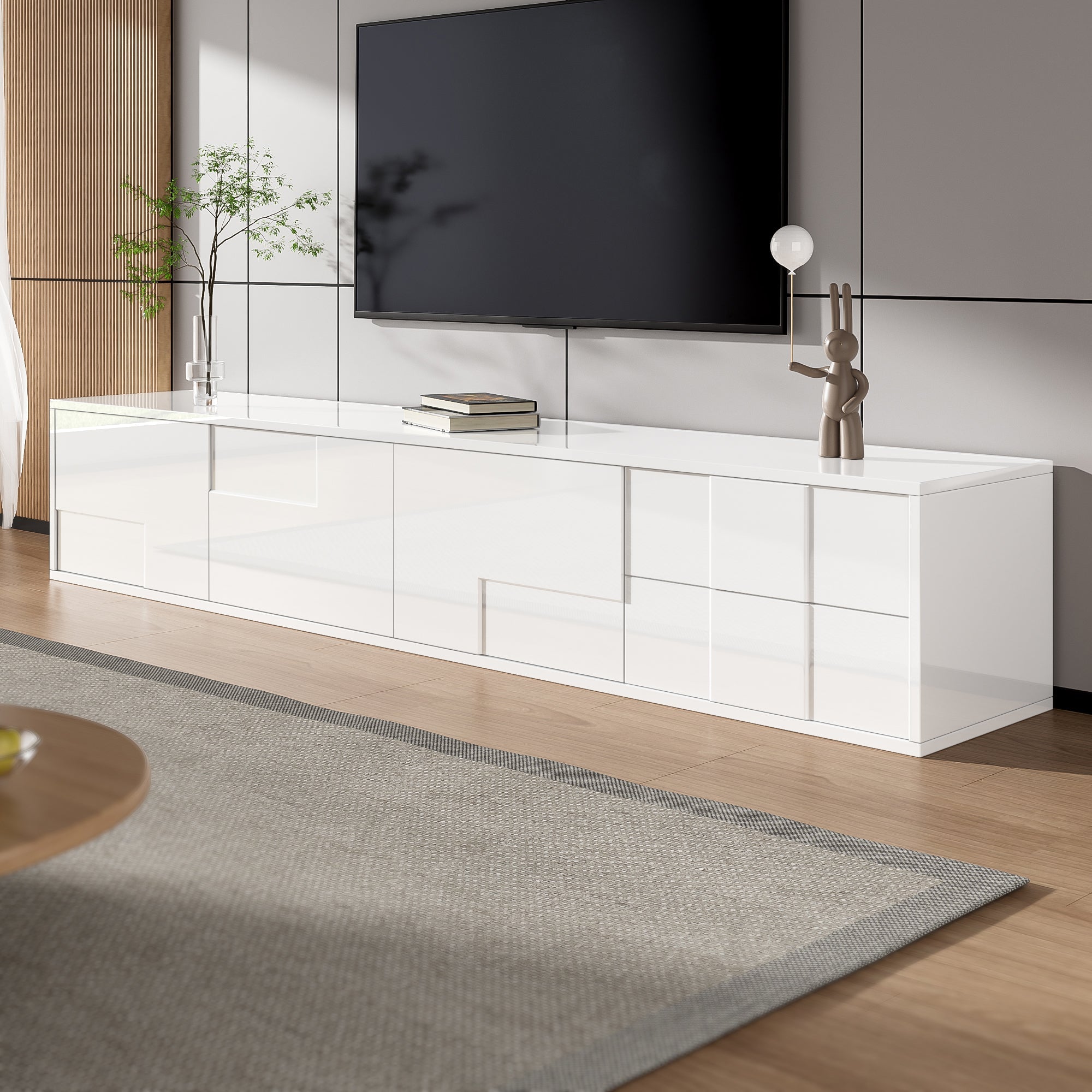 Modern TV Stand 170cm, Floating/Freestanding, 3 Doors 2 Drawers, High-Gloss White