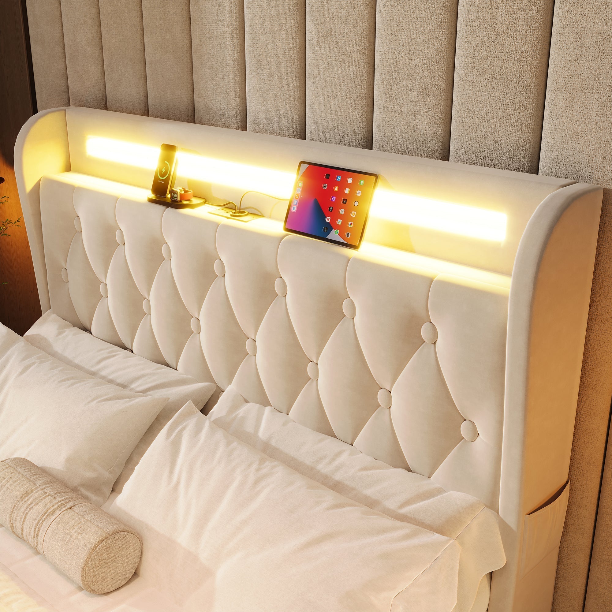 Upholstered Bed 140x190cm LED USB Headboard Storage 4 Drawers - Velvet