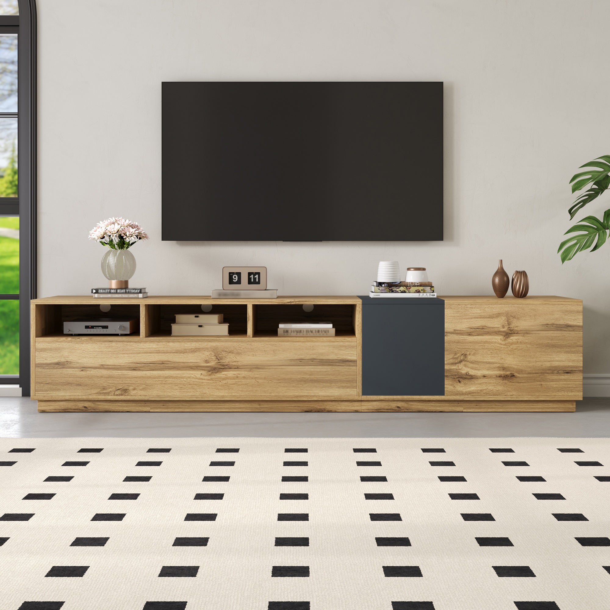 TV Stand, Modern Contrasting, 200cm, Black-Gray and Wood