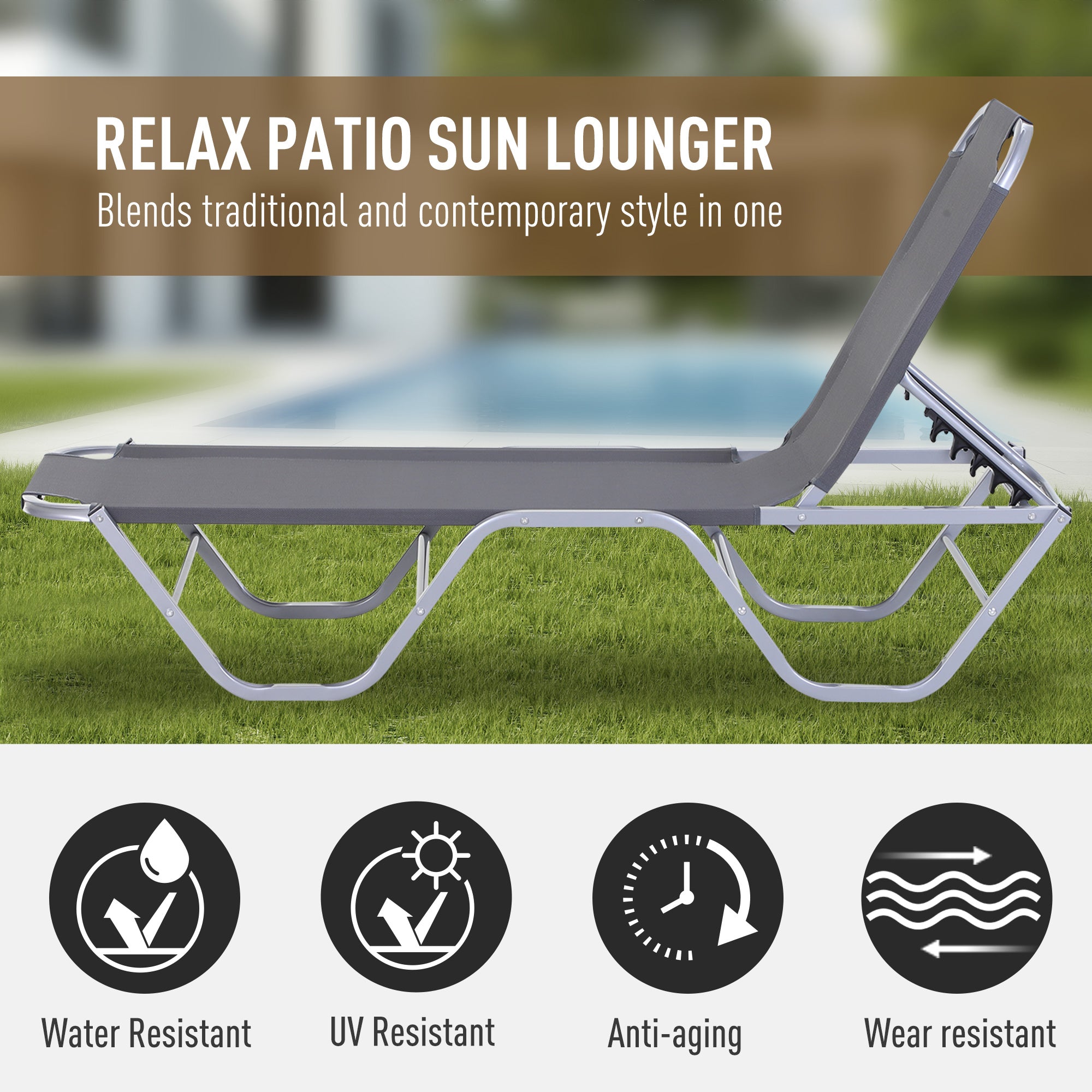 Sun Lounger Recliner w/ 5-Position Adjustable Backrest, Aluminum LIGHT GREY