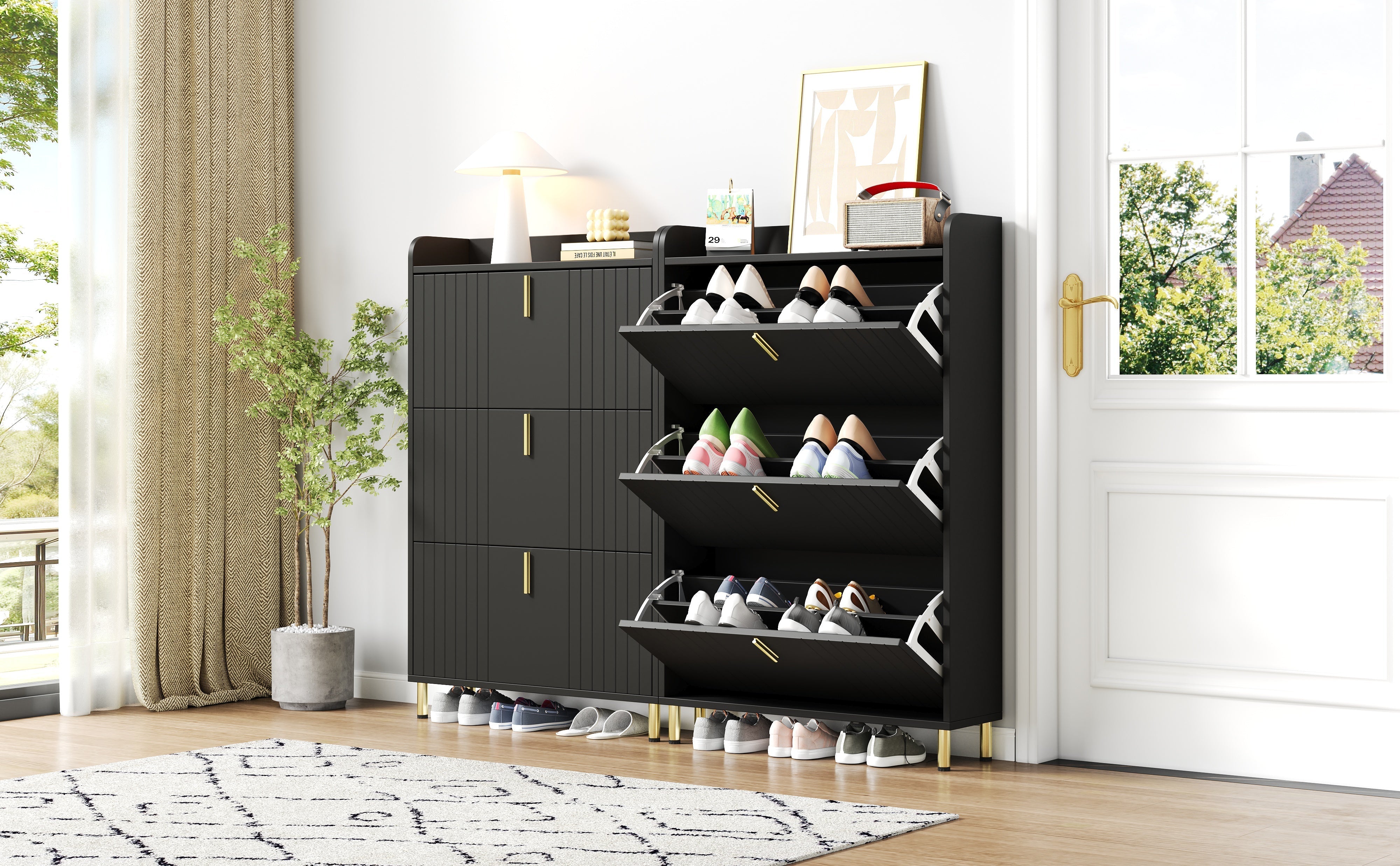 Set of 2 Shoe Cabinets with 6 Adjustable Compartments and Anti-Tip Device, Black
