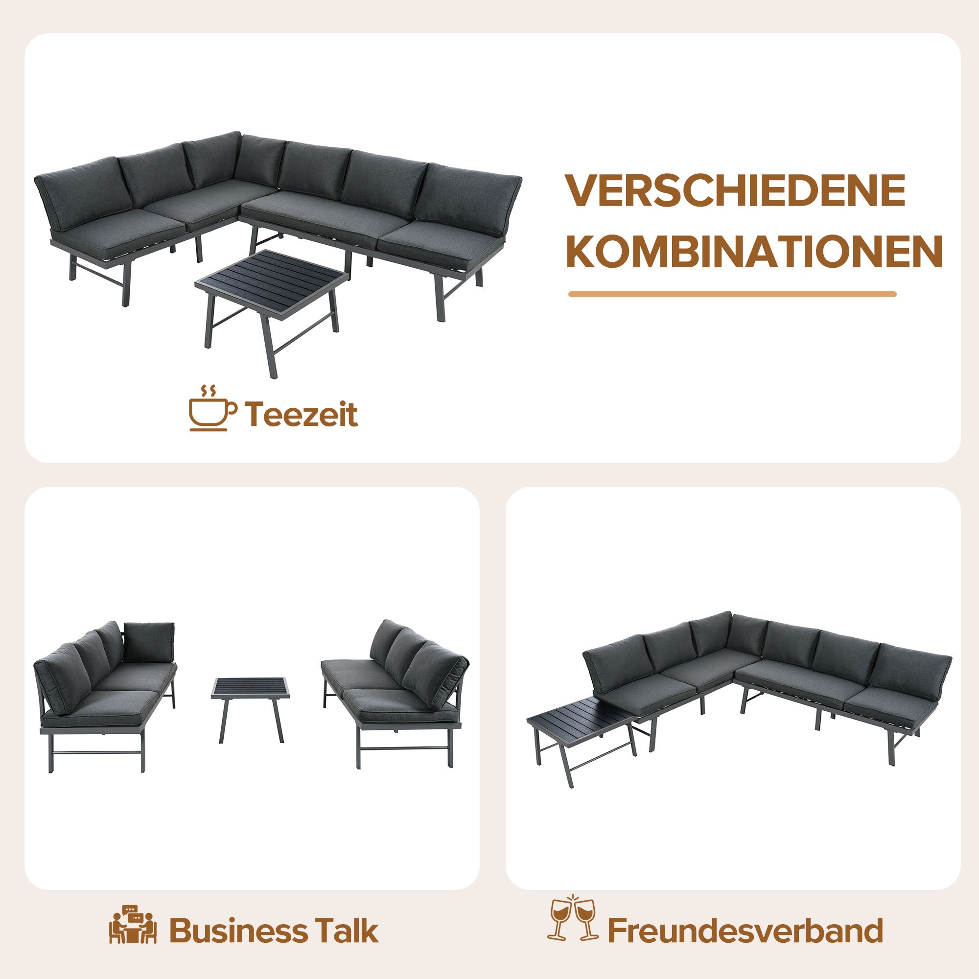 Garden furniture set lounge chair set 5-6 people 2 3-seater sofas 1 table with 7 gray cushions dark gray galvanized iron