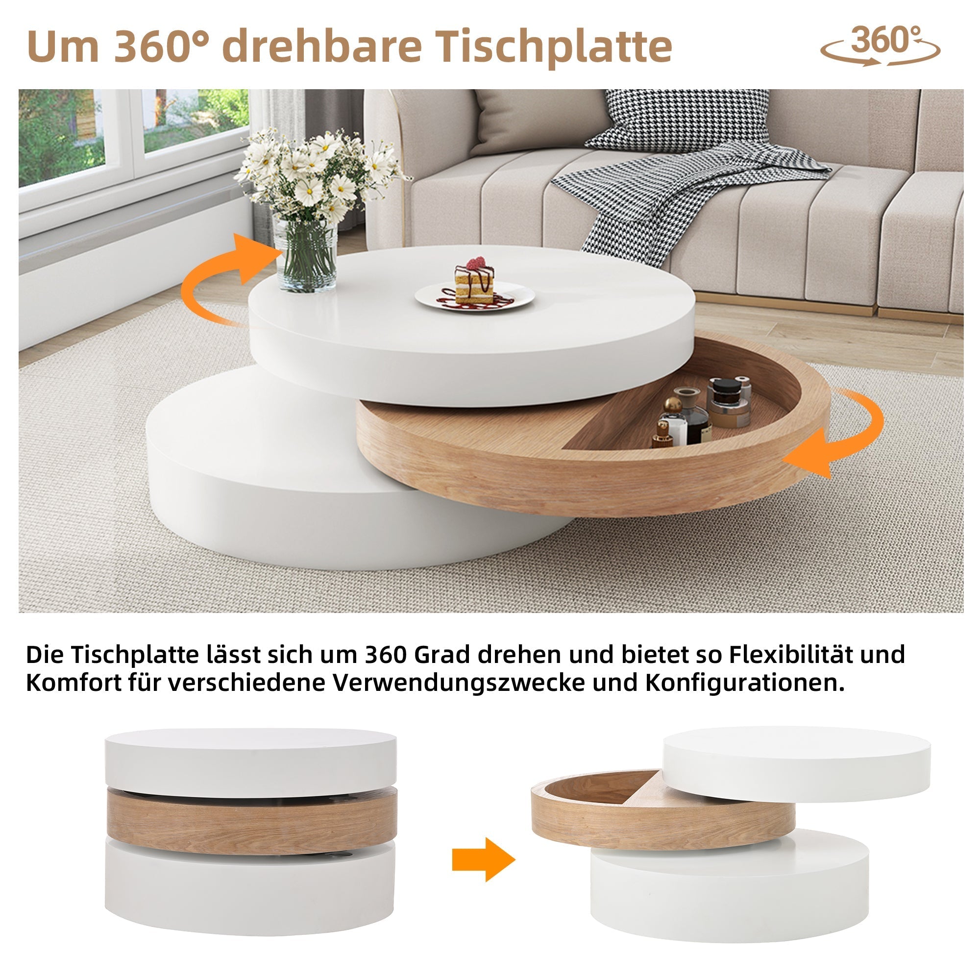 Cylindrical Coffee Table, 360° Rotate, 3-Tier Storage, 60x60x35.1 cm - Willow Wood