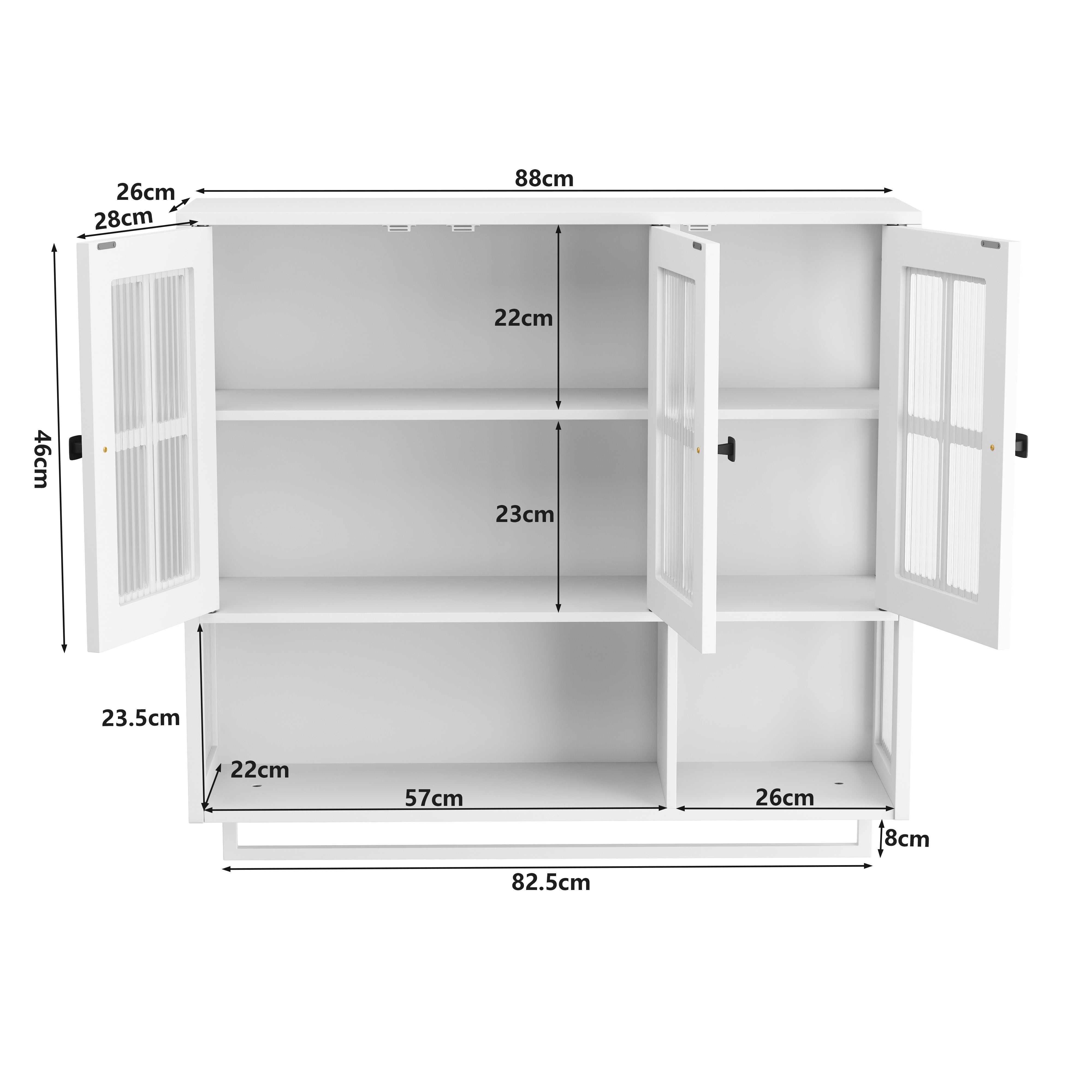 Bathroom Wall Cabinet, 3-Door Wooden with Open/Hidden Storage & Towel Bar, White