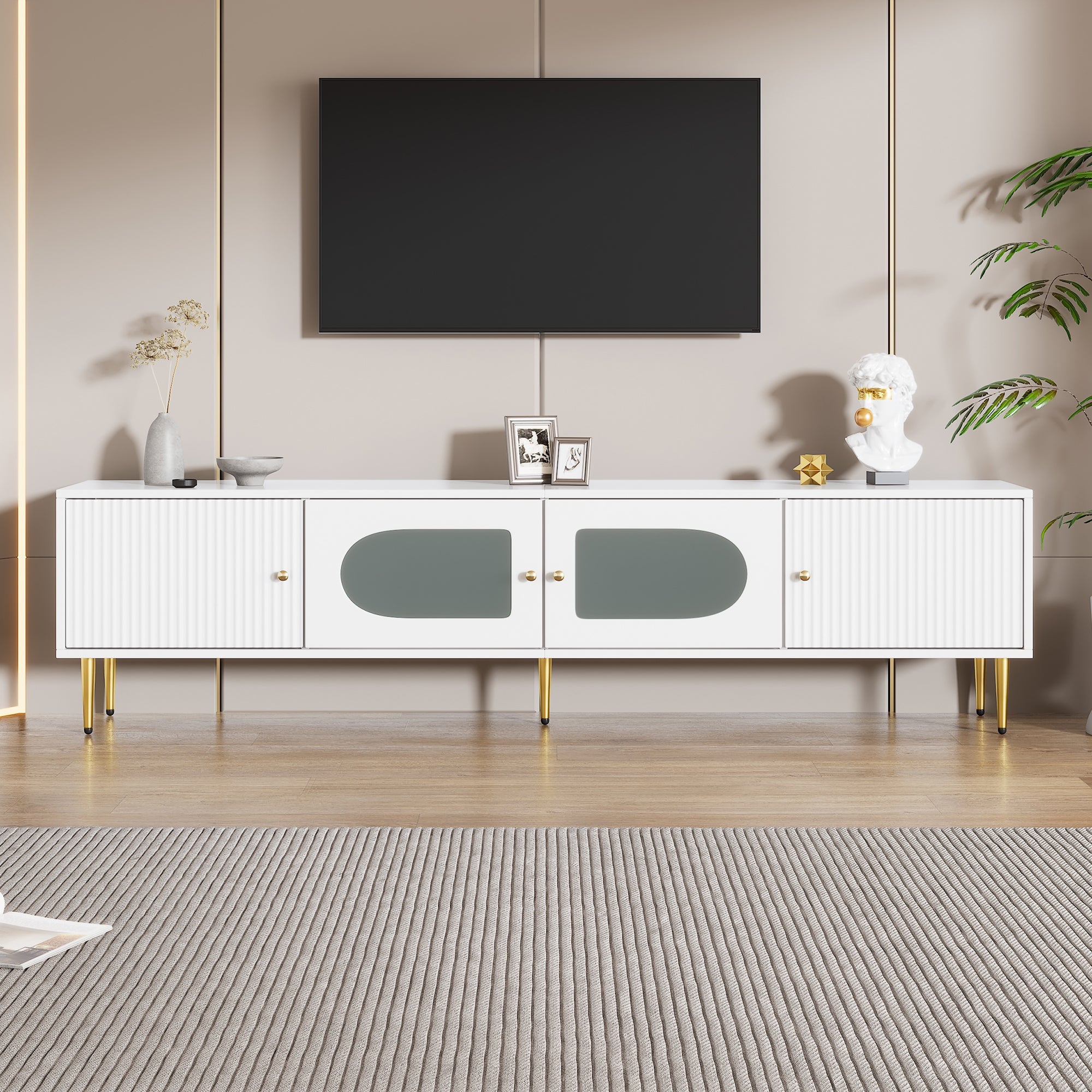 TV Cabinet 170x35x50cm, Golden Legs & Handles, Curved Glass, White
