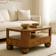Briarwood Fluted Coffee Table with 2 Drawers, 1 Shelf, Solid Wood Brown