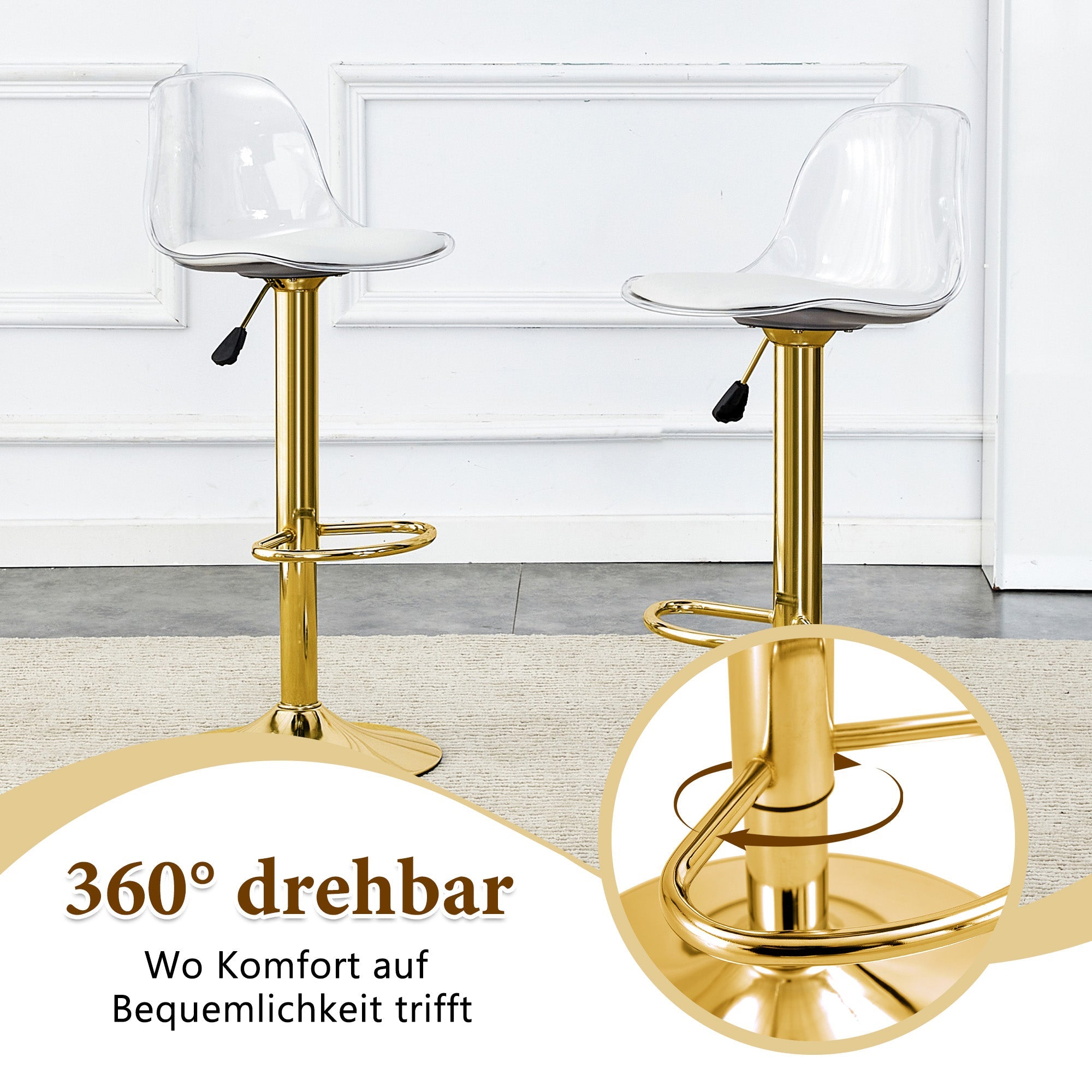 2er-Set Barhocker Höhenverstellbar 360° Drehbar Transparente Rückenlehne - Gold Metall