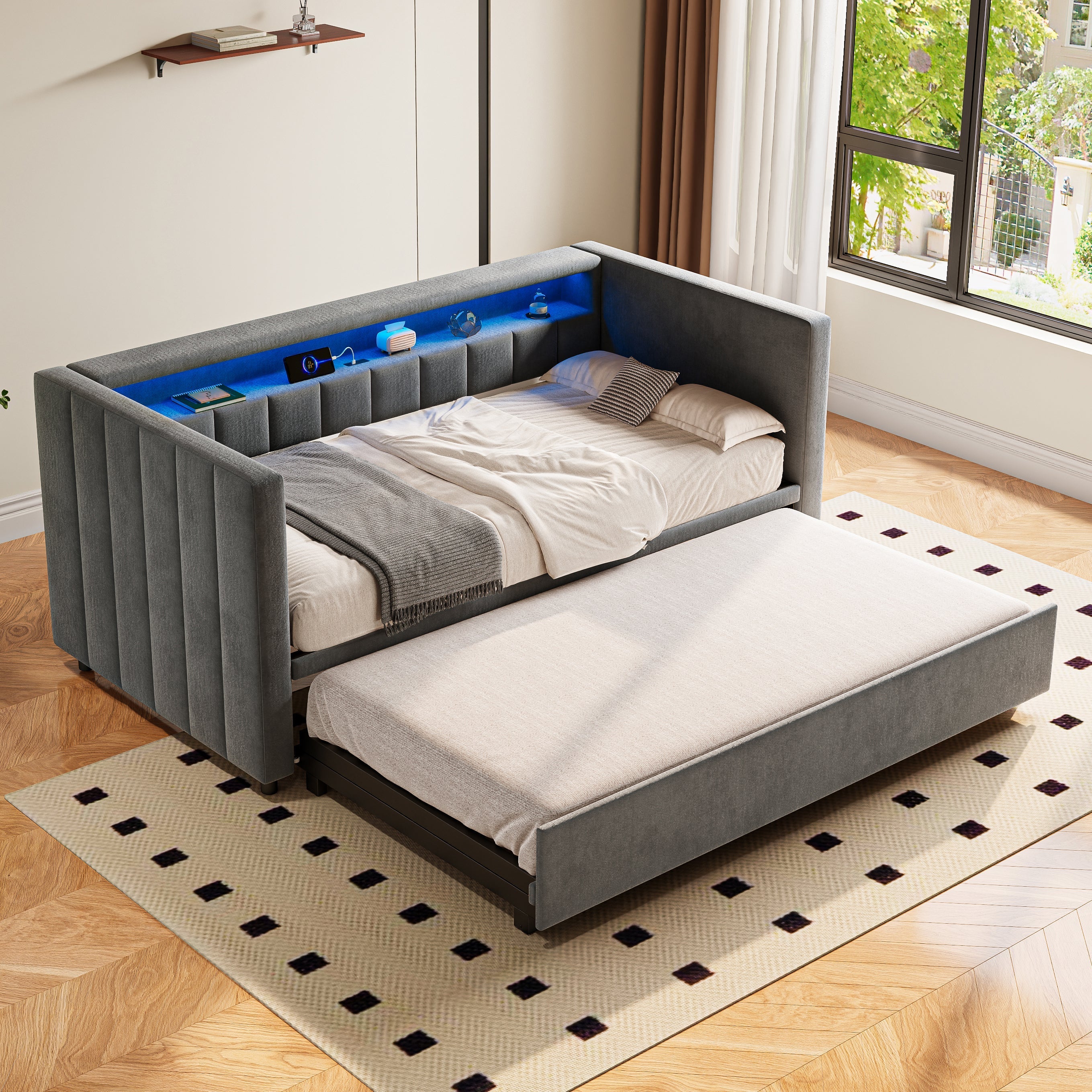 Multifunctional Sleeper Sofa with Pull-Out Bed, USB, LED, and Storage, Gray Velvet