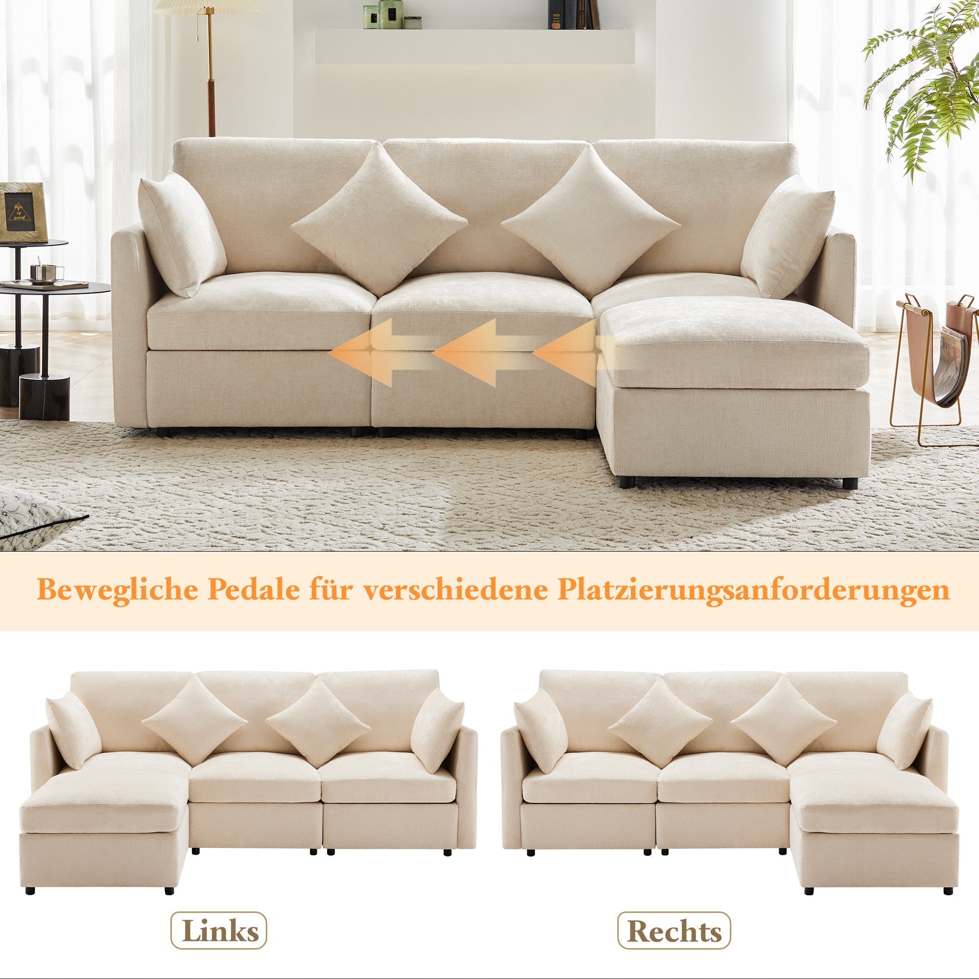 L-Shaped Corner Sofa Modern 3-Seater 4-Seater Footstool - Chenille Fabric