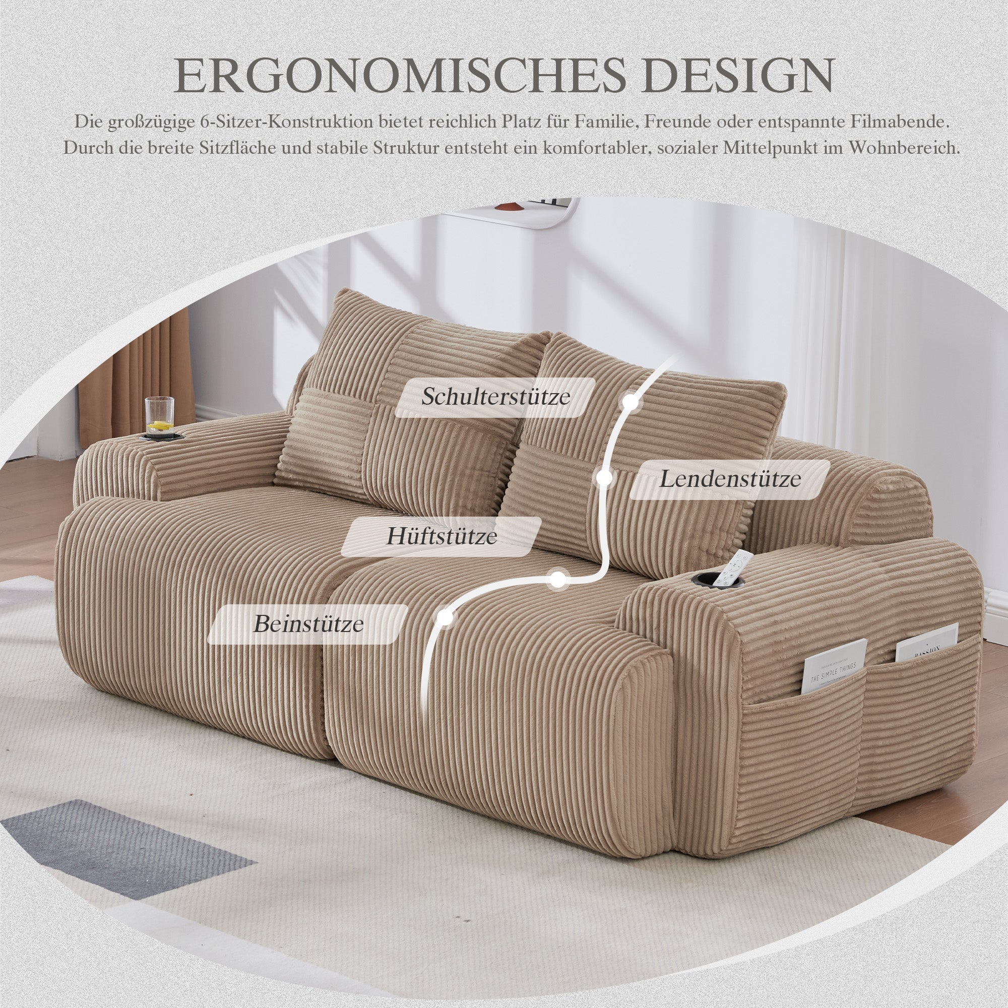 Modular 2-Seater Sofa with Cup Holder and Storage Pocket, Khaki Corduroy