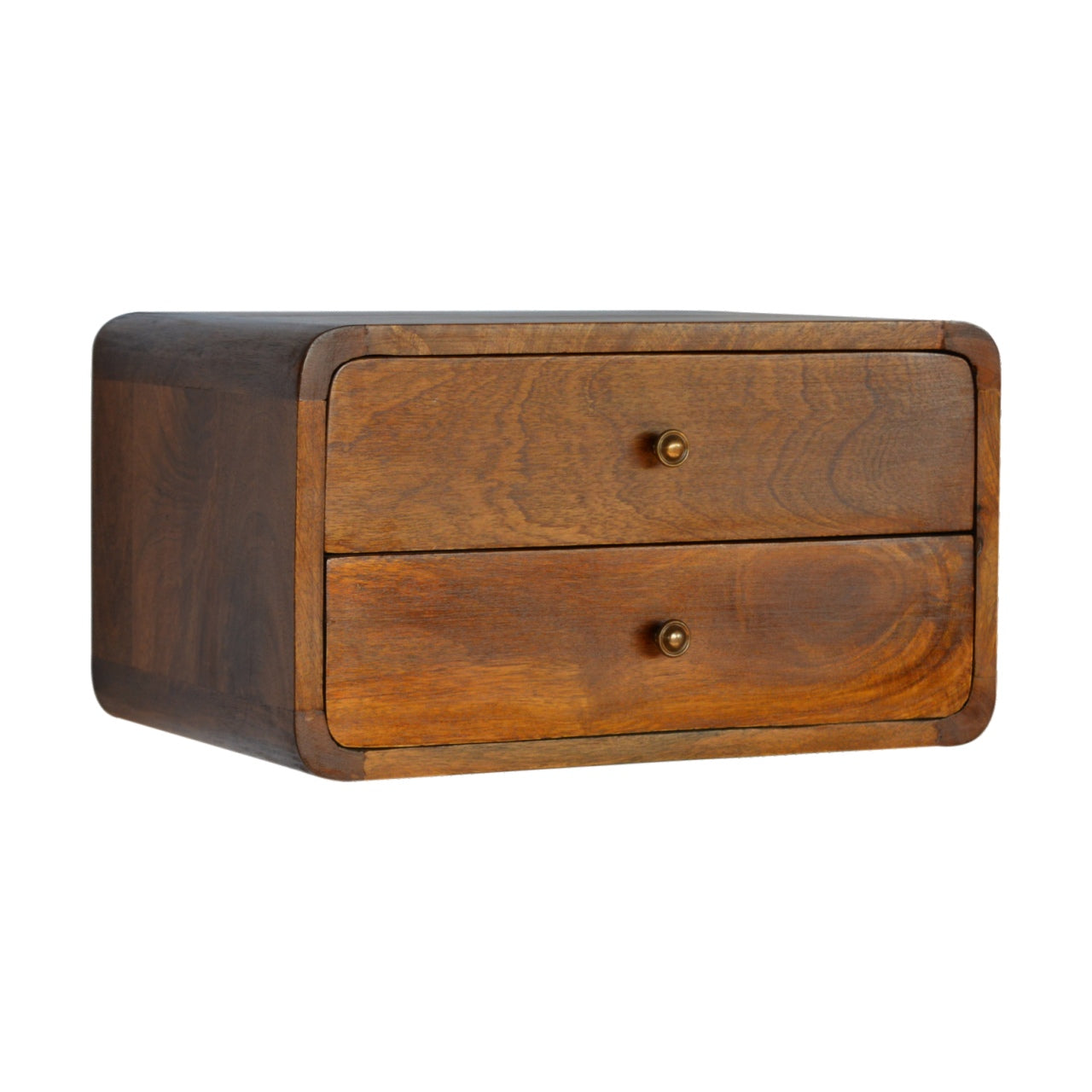 Solid Wood Bedside, Floating Curved 2 Drawers, Dark Brown