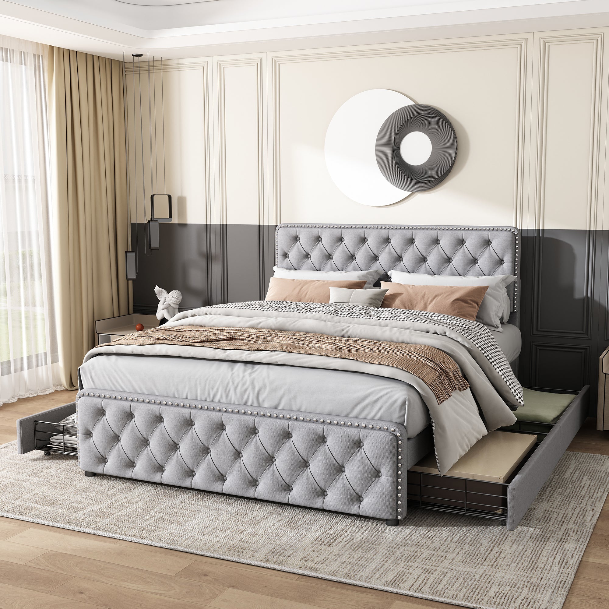 Upholstered Double Bed with 4 Drawers and Height-Adjustable Headboard, 140x190cm, Light Grey Linen