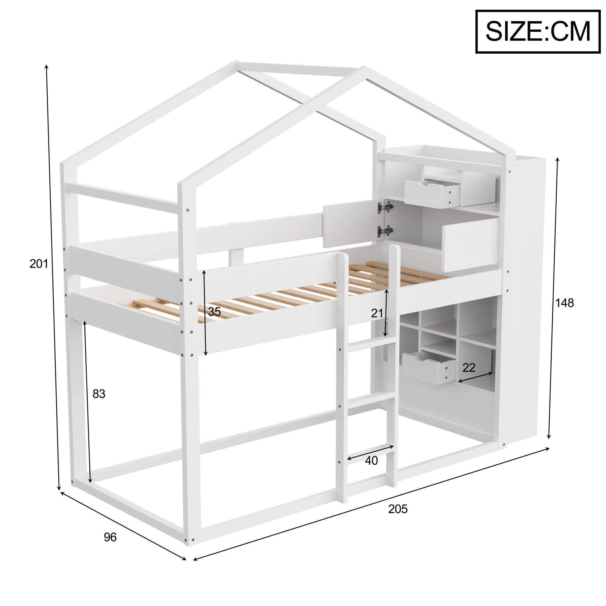 Bunk Bed 90x200cm with Storage Slatted Base Pine Wood White