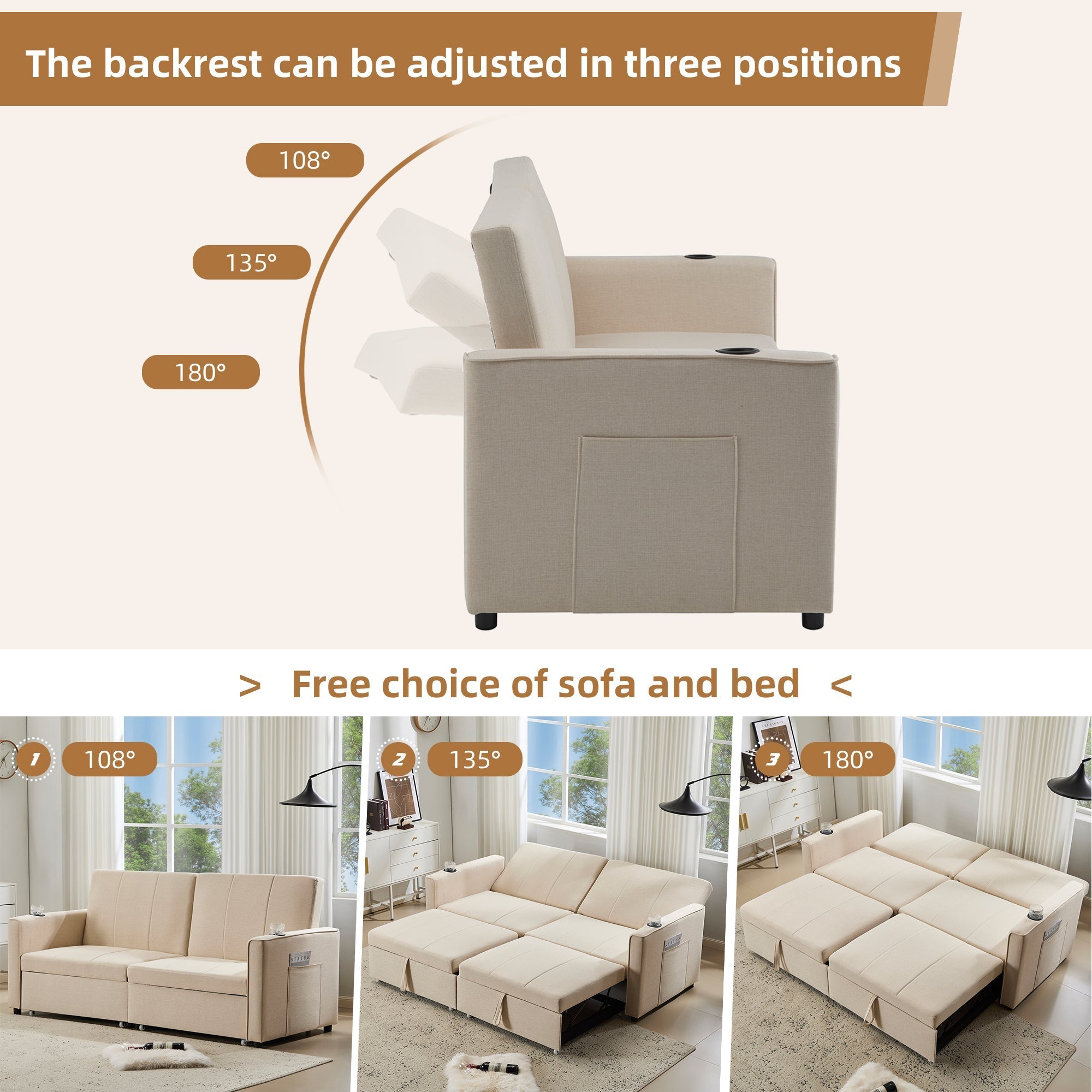 Pull Out Sofa Bed - 207cm King Size Independent, Convertible Fabric, with Cup Holders & Side Pockets