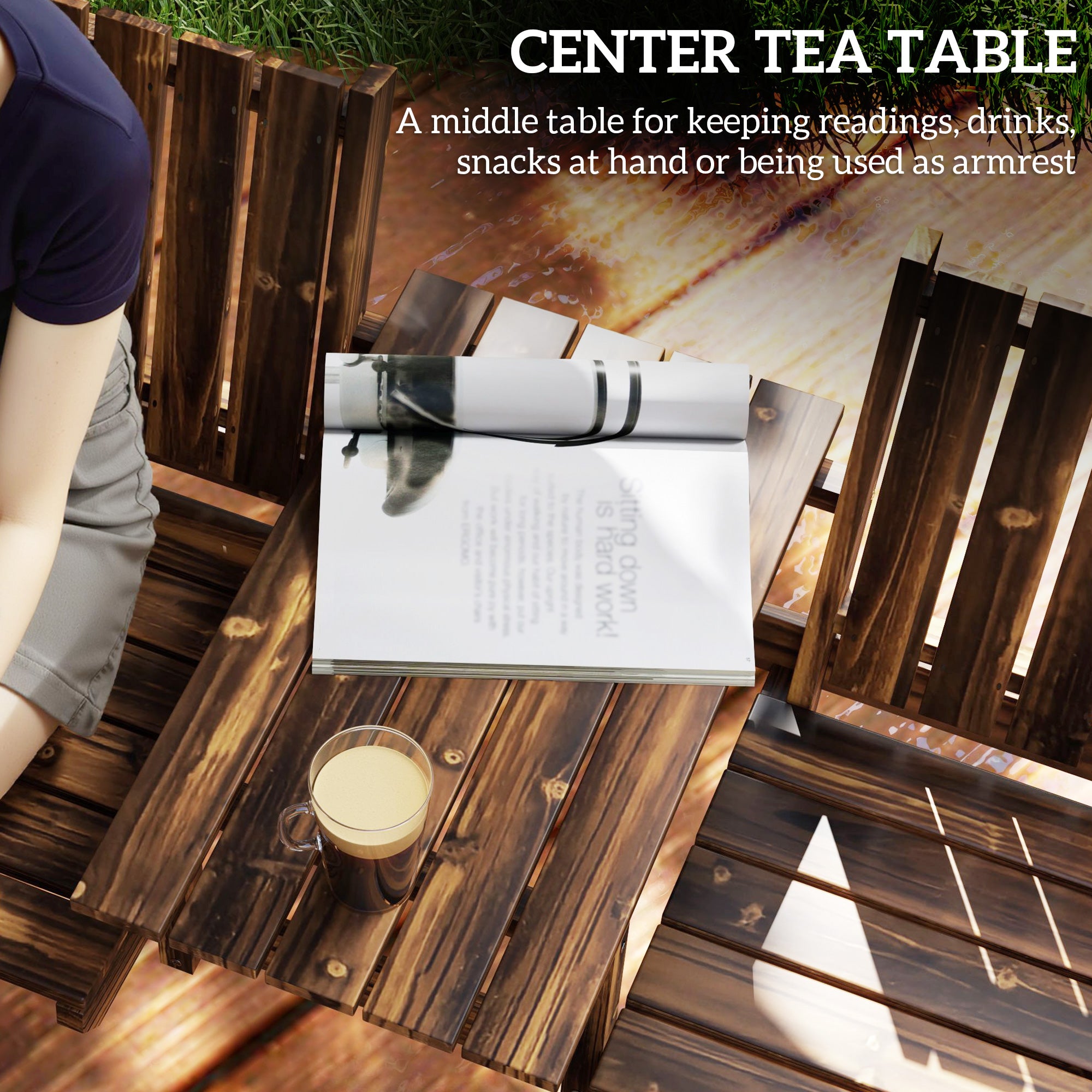 2-Seater Garden Bench with Table & Parasol Hole Wood Carbonised Finish