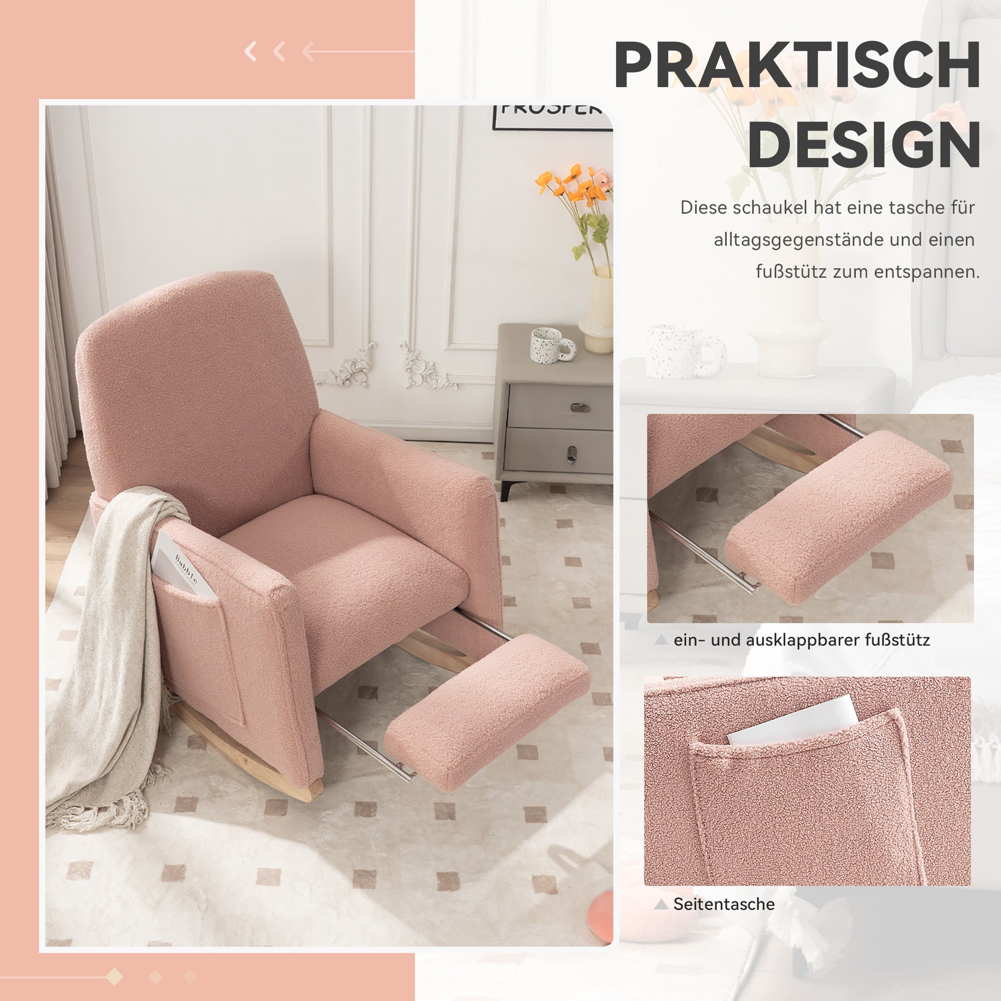 Rocking Chair with Stool, Indoor Recliner with High Backrest, Pink Teddy Fabric