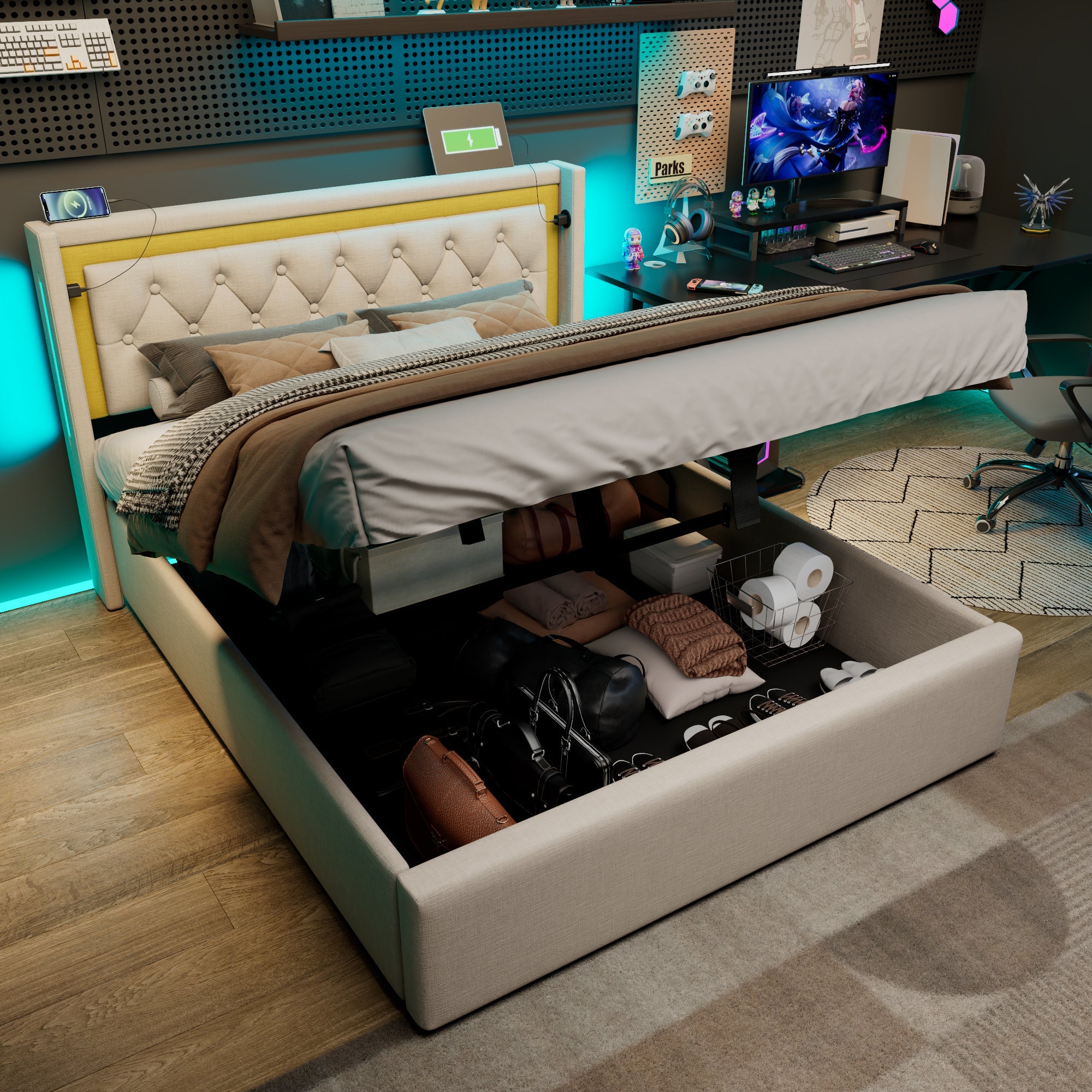 Upholstered Bed LED Double Bed with Storage, USB, Type C, 160x200 Cotton