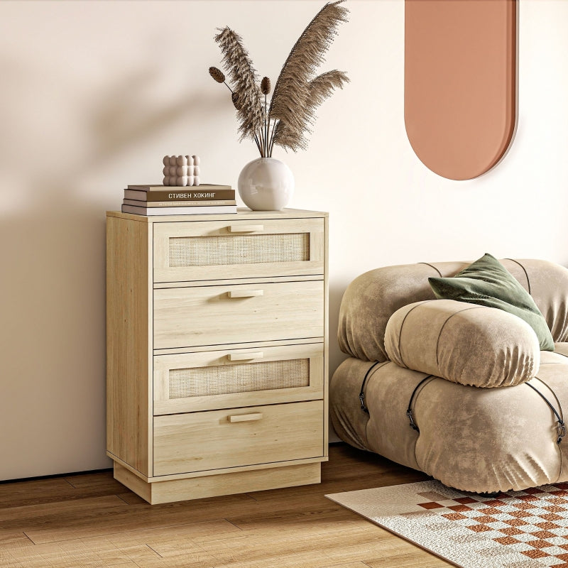 Chest of Drawers Four Rattan Weave Panel Wood-Effect