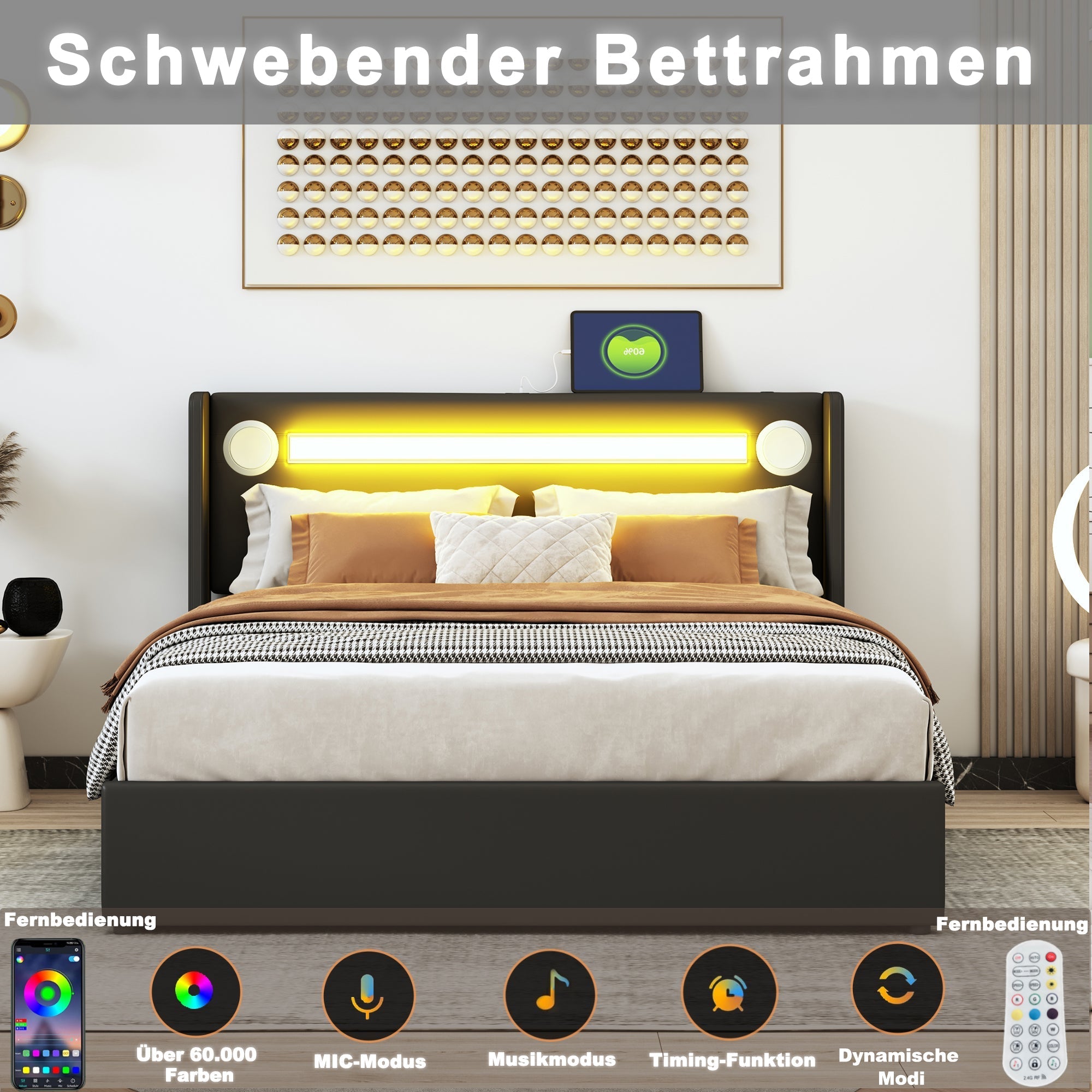 Upholstered Bed, 140x200 LED, Bluetooth & USB, PU Leather Black