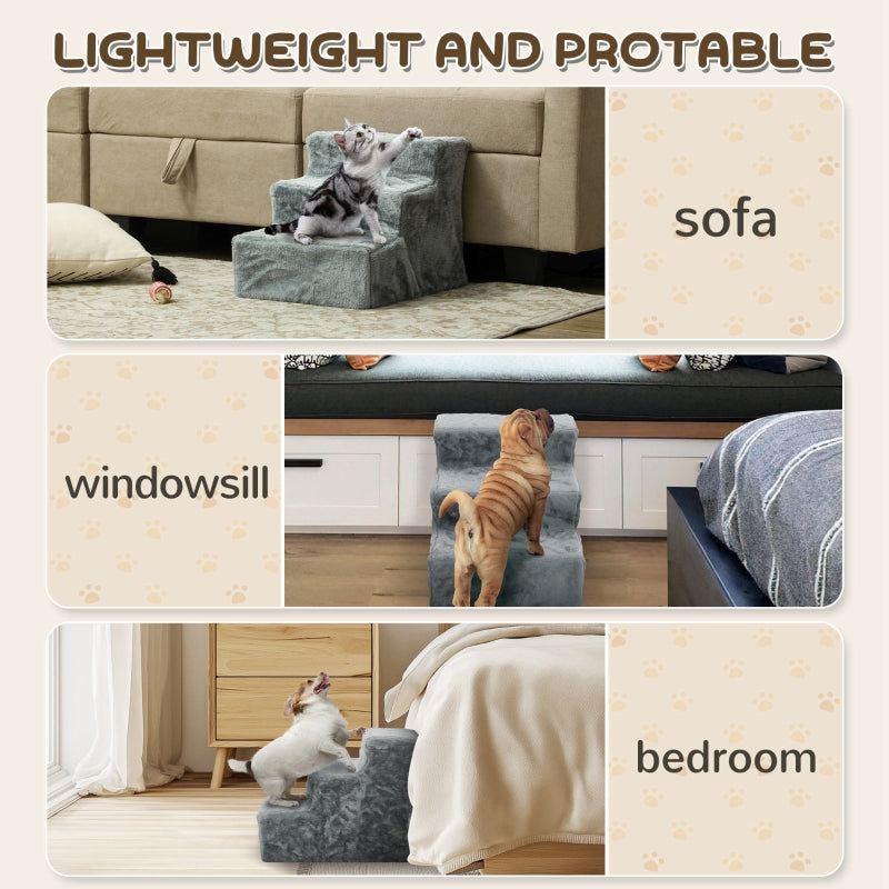 Three-Step Dog Stairs, Washable Plush Cover, High Bed Sofa - Light Grey