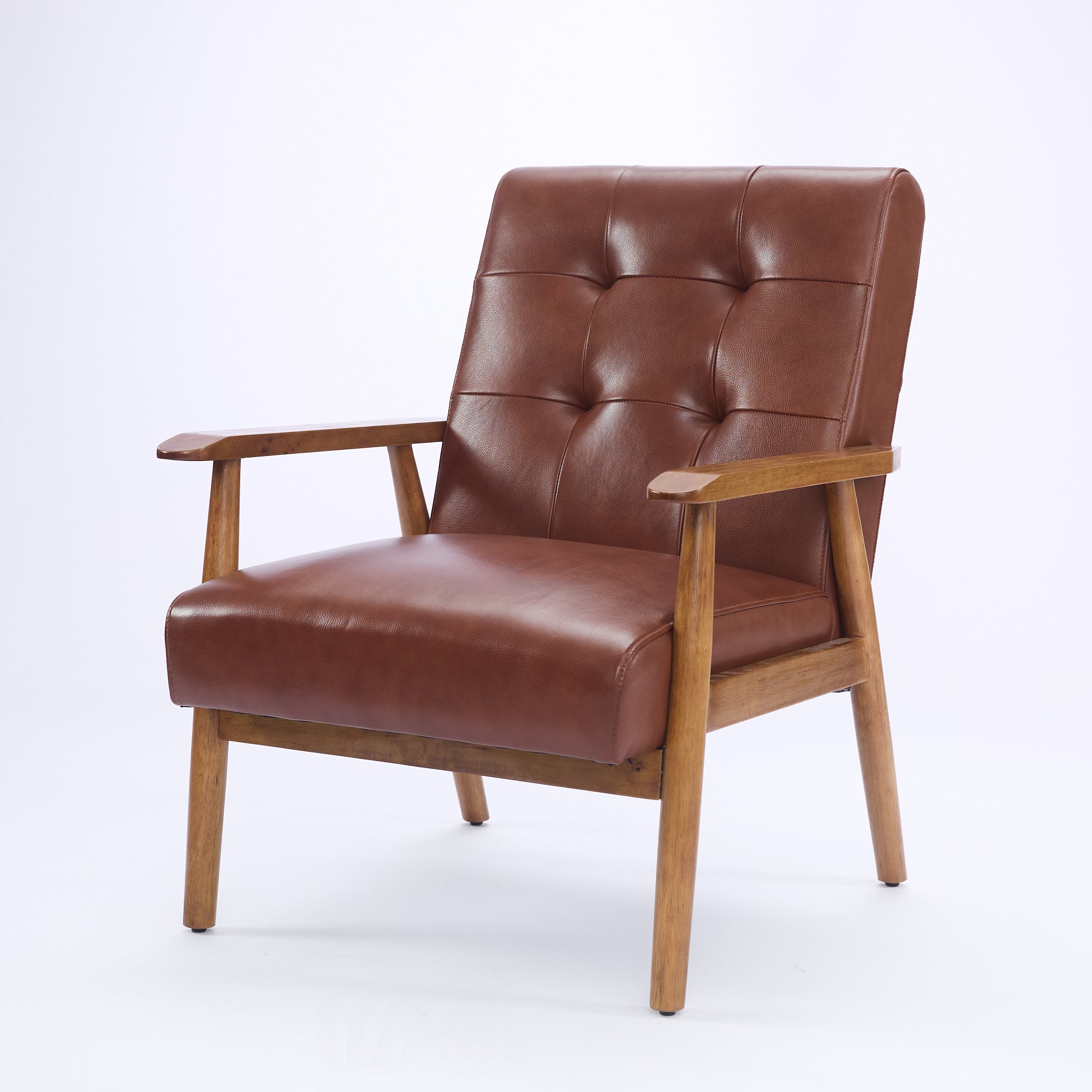 Lounge Chair Genuine Leather Walnut Armrests Rubberwood Legs - Brown