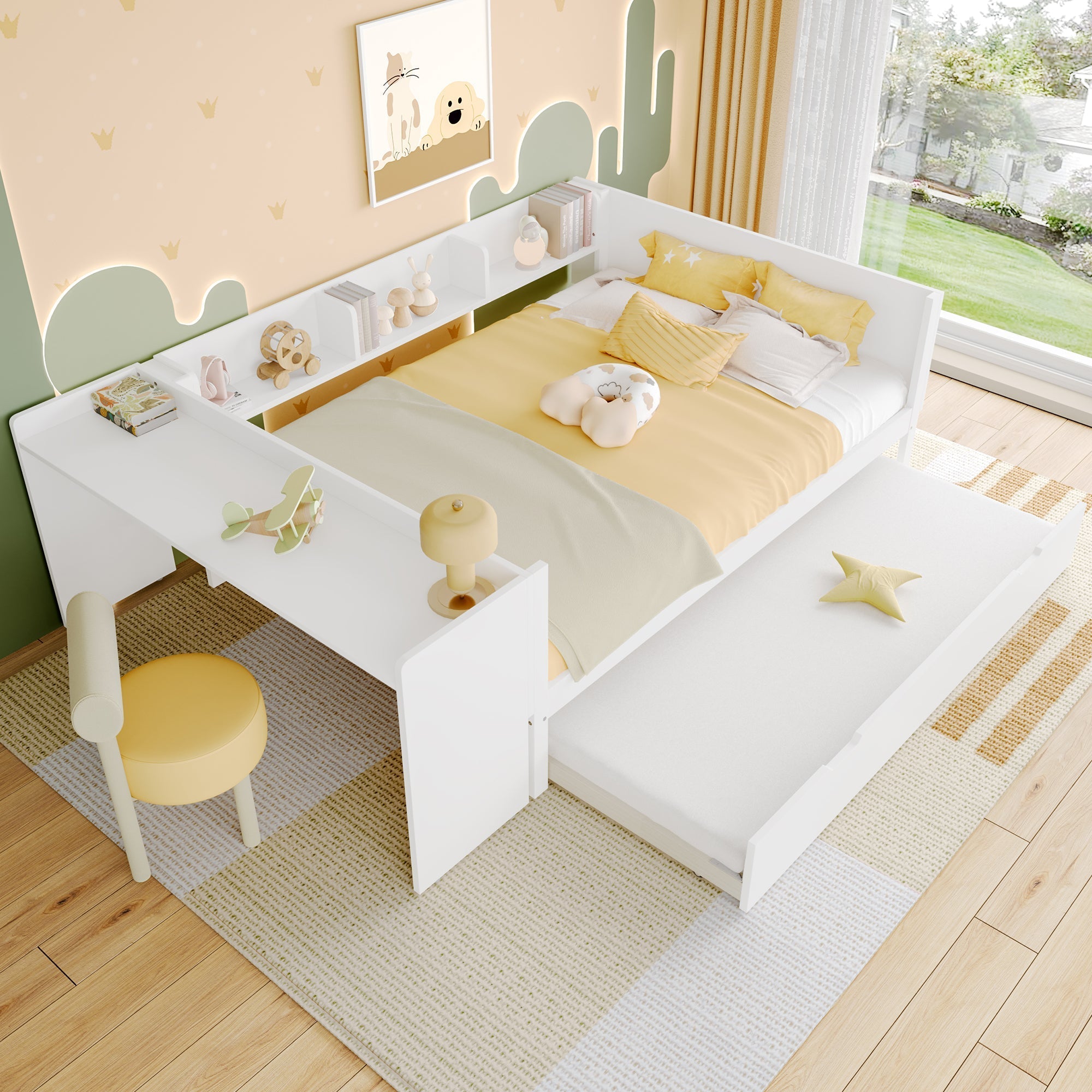 Wooden Flatbed Double Bed with Desk, Trundle and Shelves, White Pine and Chipboard