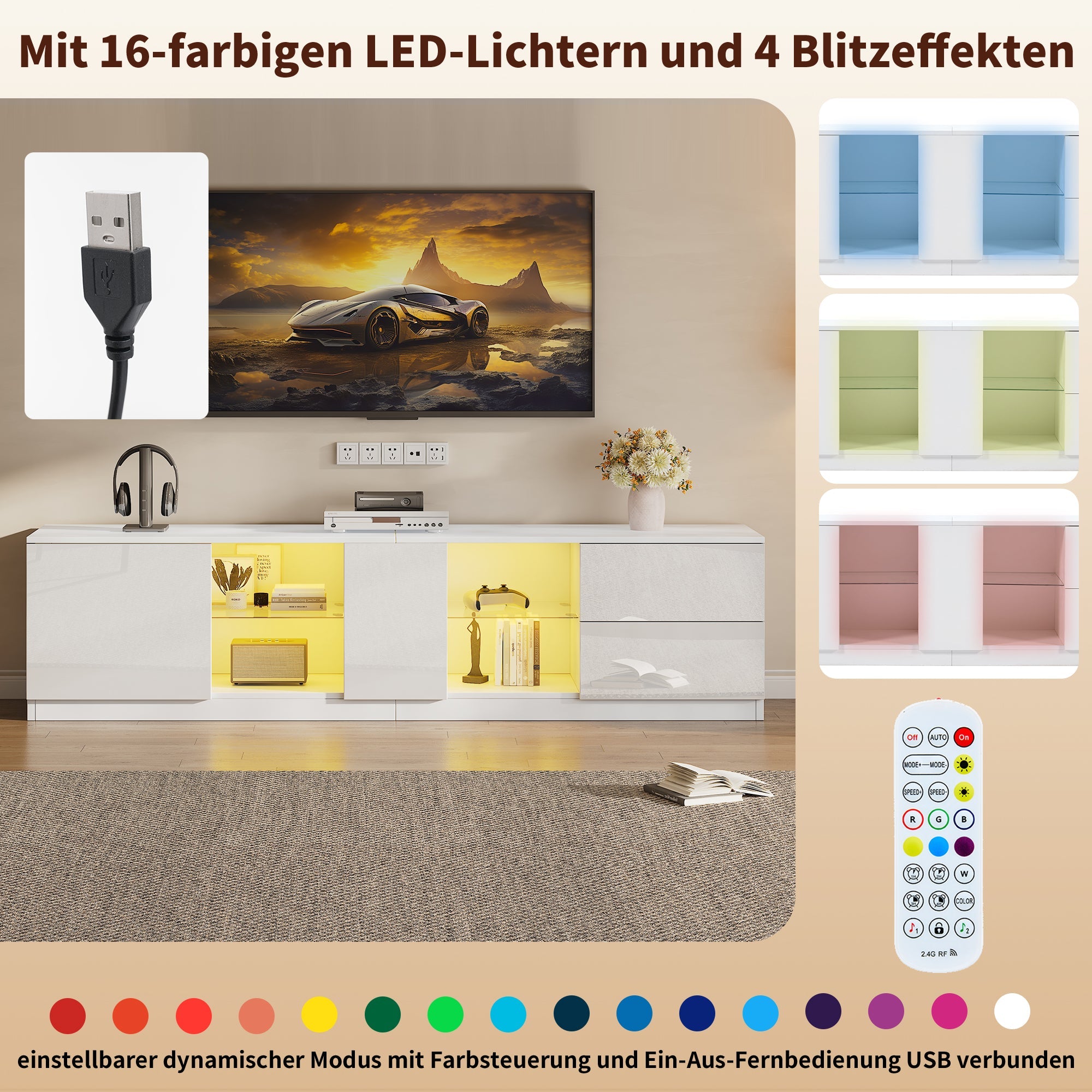 TV Stand 160 x 40 x 52 cm, High-Gloss with LED Lighting, for 65" TVs, Living Room and Bedroom