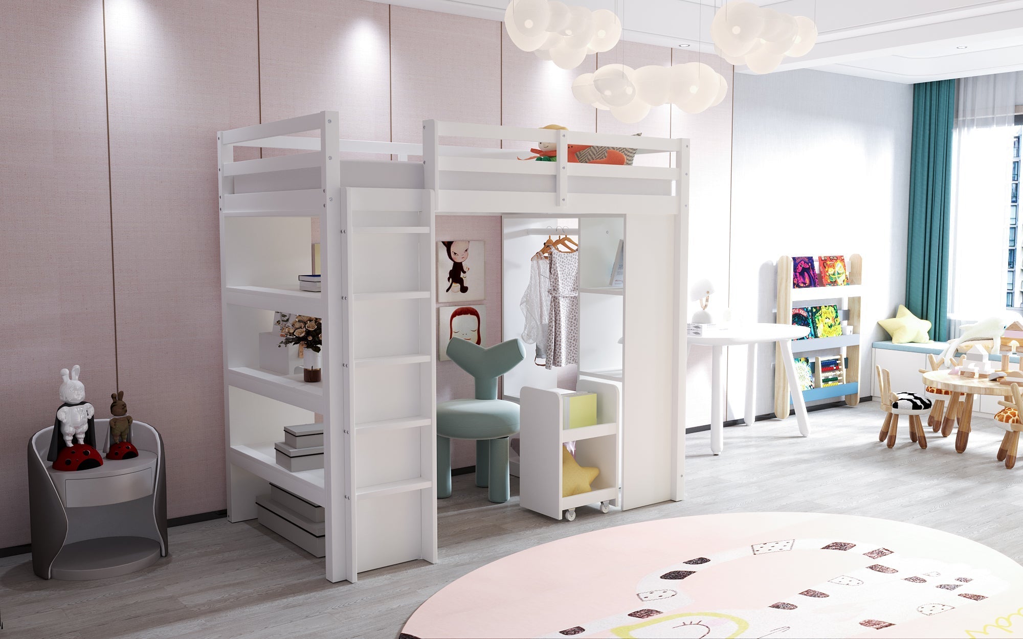 Children's Loft Bed, Multi-Level Shelves, Hangers, Storage, Removable Trolley, 90 x 200 cm, White