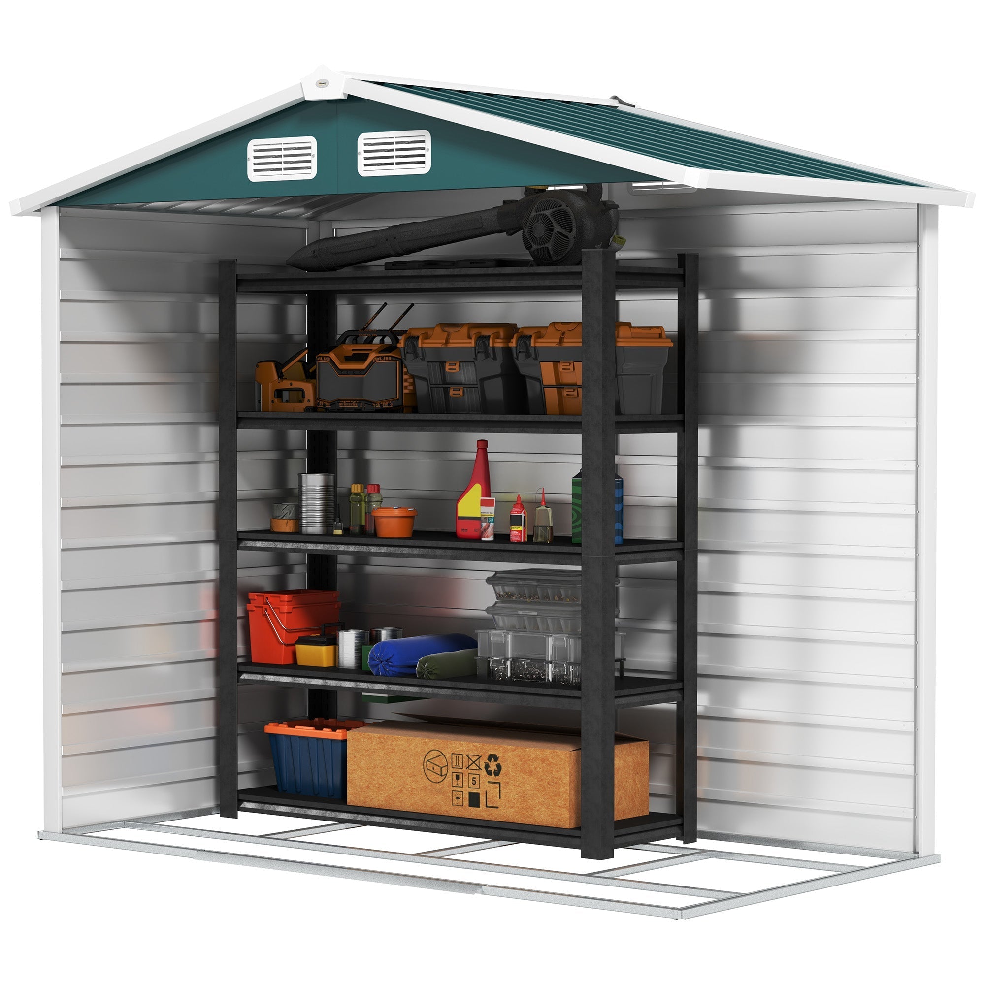7 x 4ft Garden Shed, Easy Assemble Galvanised Steel Frame with Double Doors and Lock, Green
