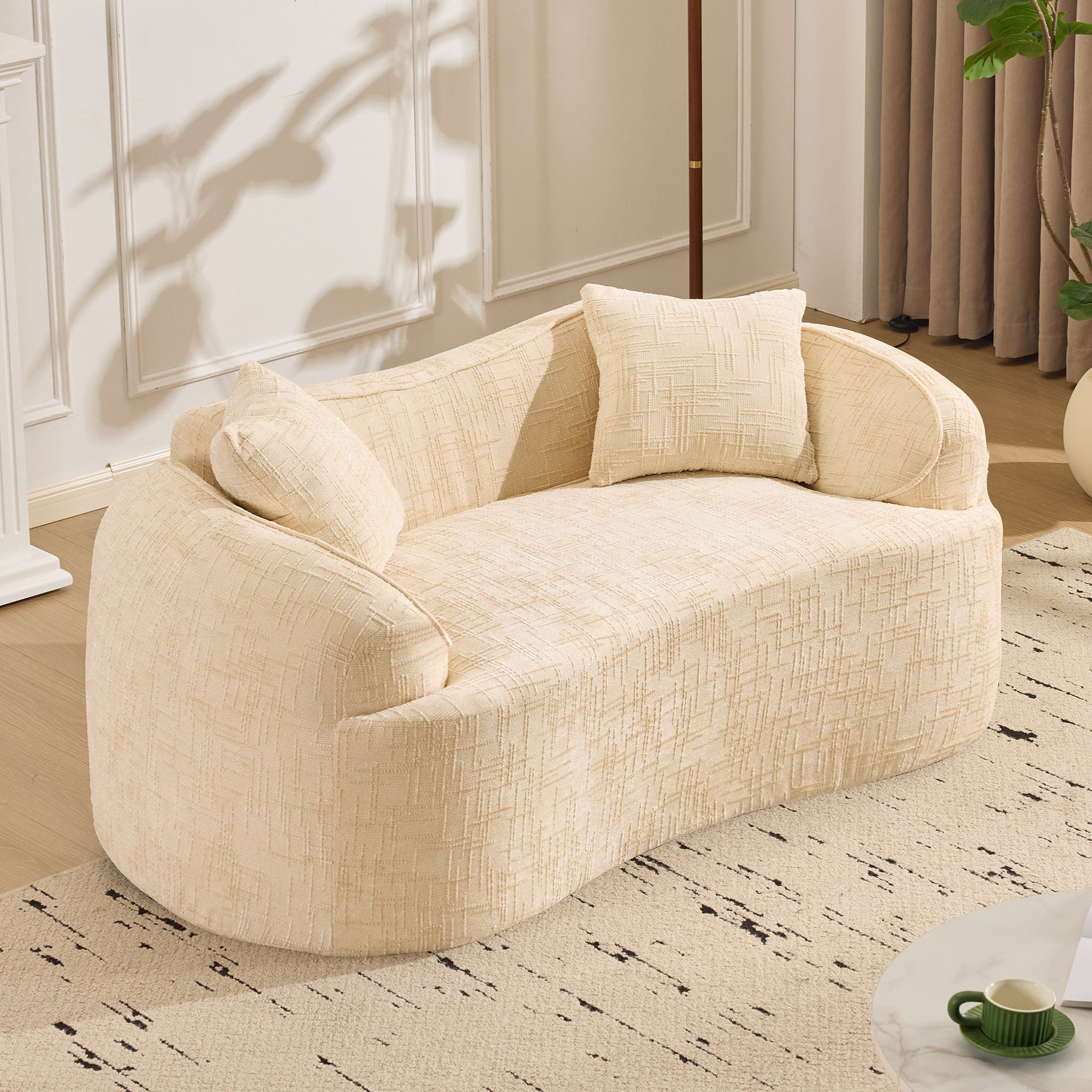 Curved Compression Sofa 2-Seater Armrests & Cushions - Beige