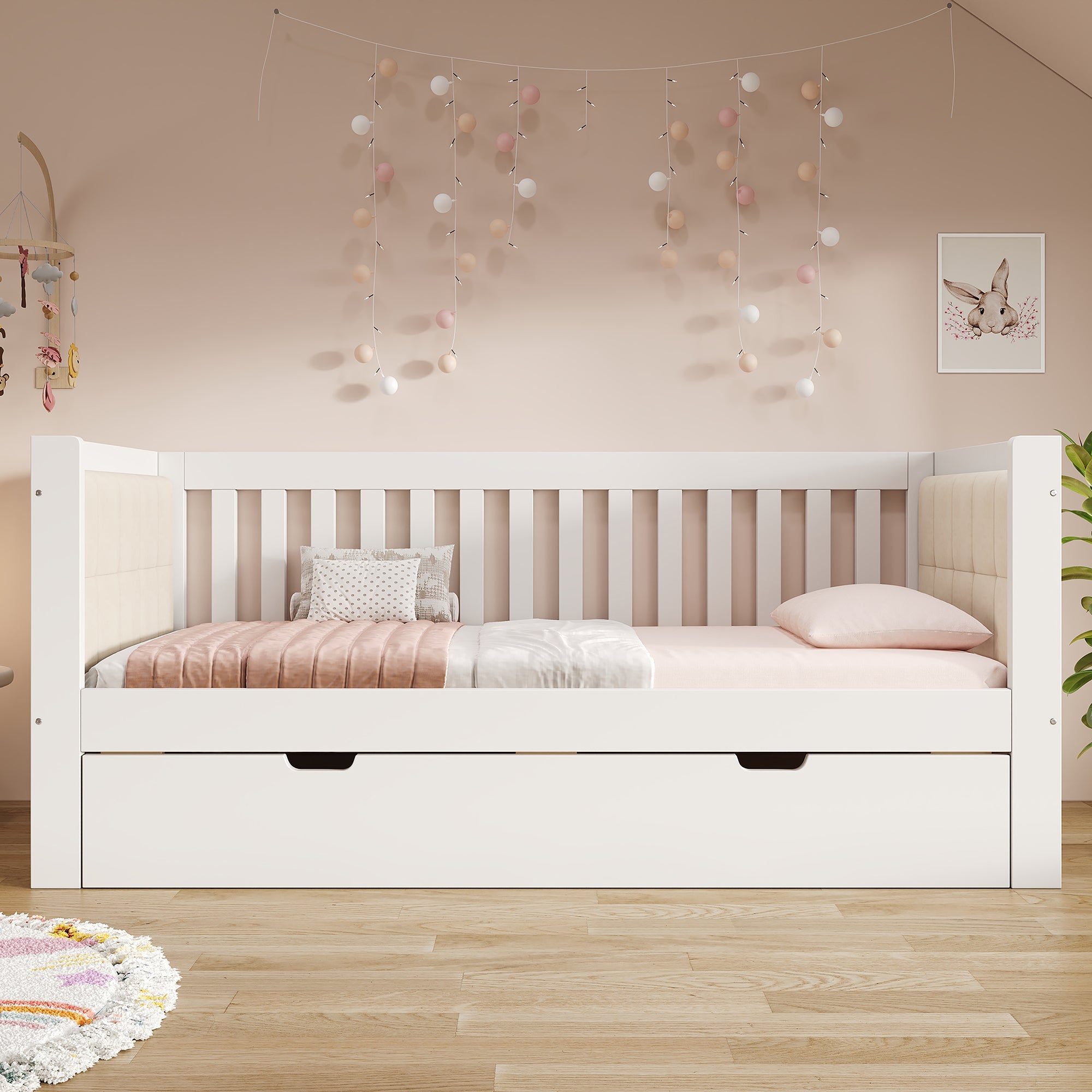 Daybed with Pull-out Bed, 90x200cm and 90x190cm, Space-Saving Wood, White