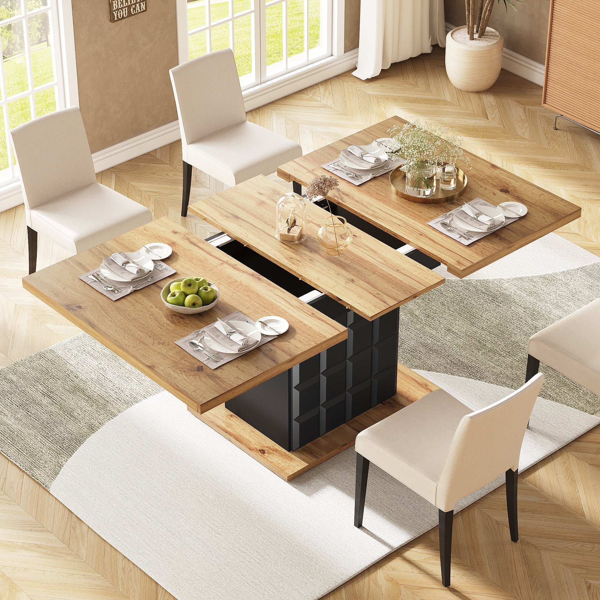 Telescopic Dining Table, Foldable & Extendable, Space-Saving, Checked Pattern