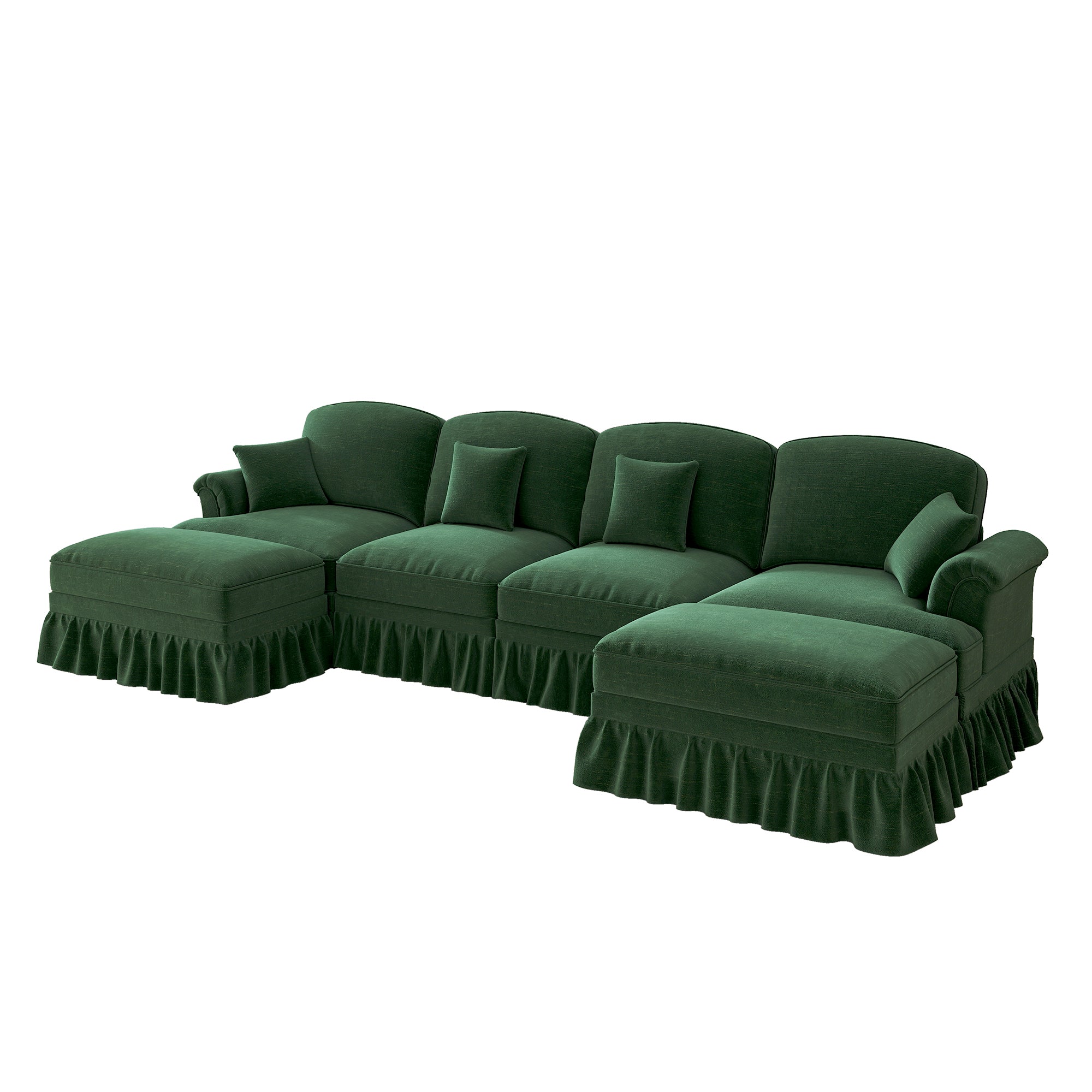 U-shaped Modular Sofa 4-Seater Movable Ottoman - Chenille Green