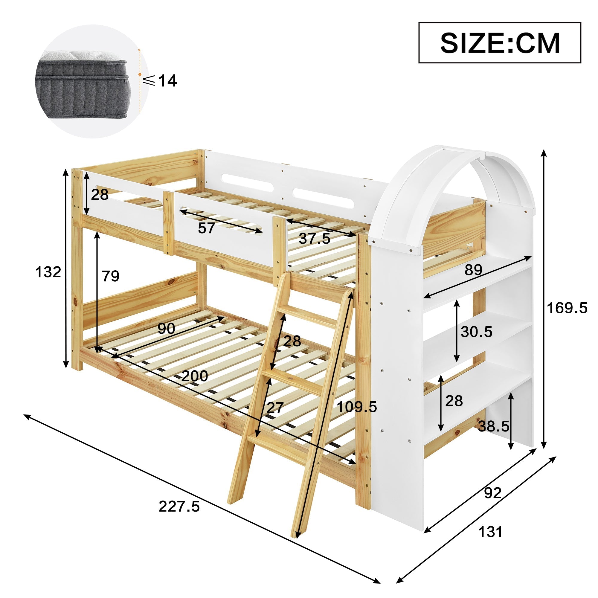 Bunk Bed 90x200cm 3-Tier Shelf Ladder Slatted Base - White/Natural Pine