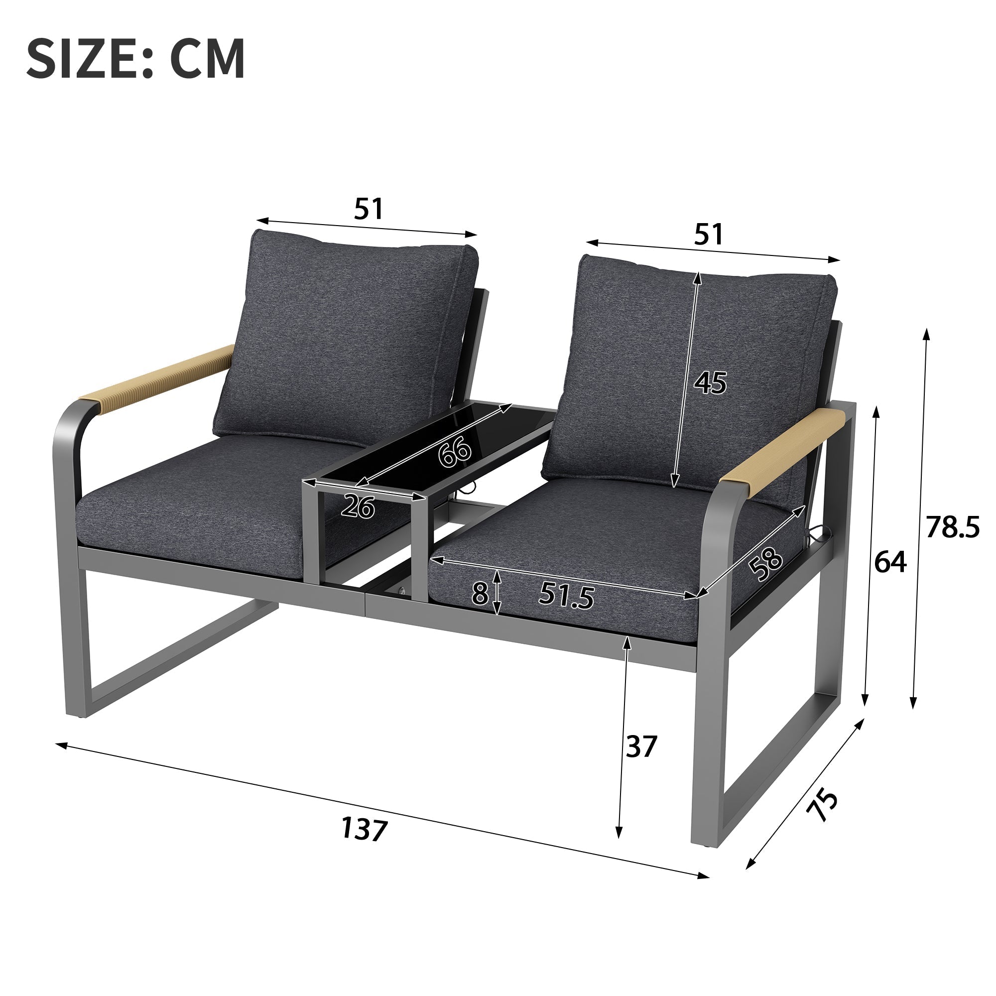 Garden Furniture Set, 2-Seater Outdoor Sofa with Glass Top and Woven Armrests, Grey Galvanized Iron