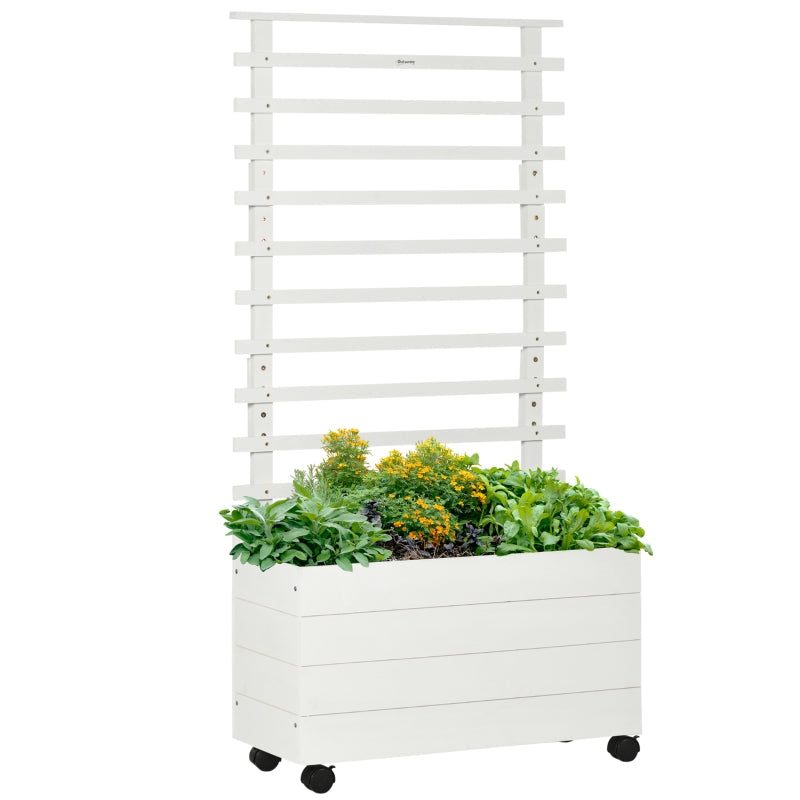 Planter with Trellis, Raised Bed with Wheels, Natural Wood White
