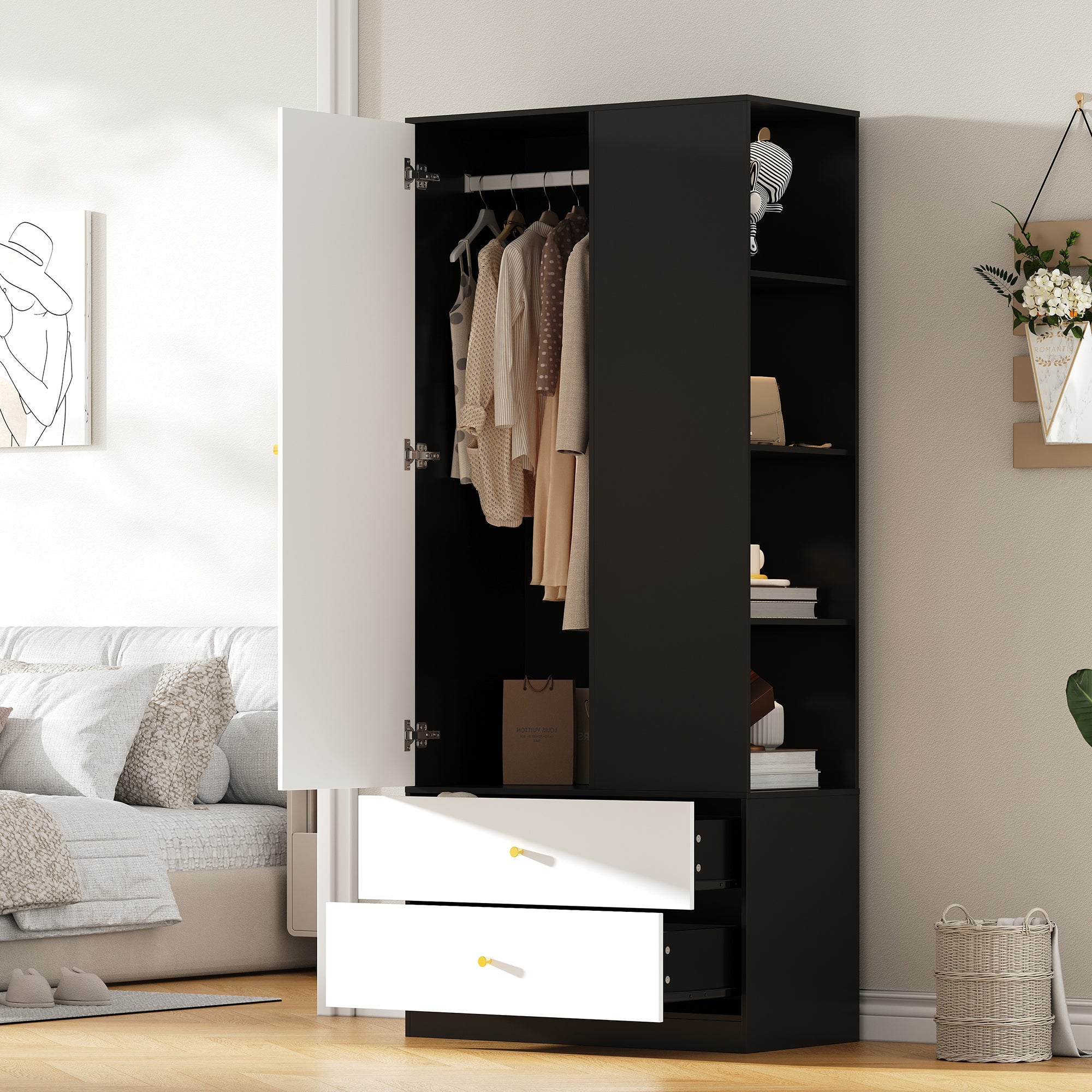 Wardrobe with Mirror 2 Drawers 4 Shelves Bedroom Storage 80x40x180cm White and Black