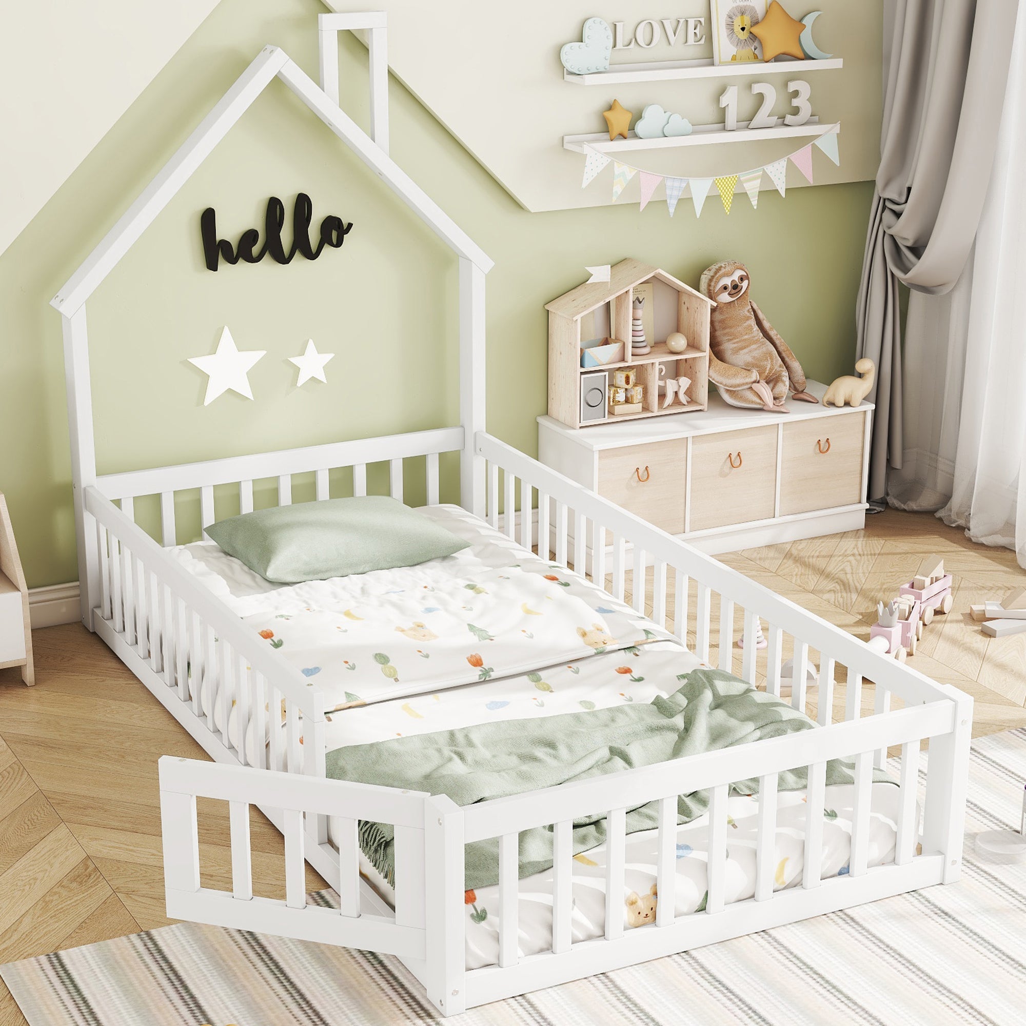 House Bed 90x200cm Chimney Shape with Slatted Base Pine Wood, White