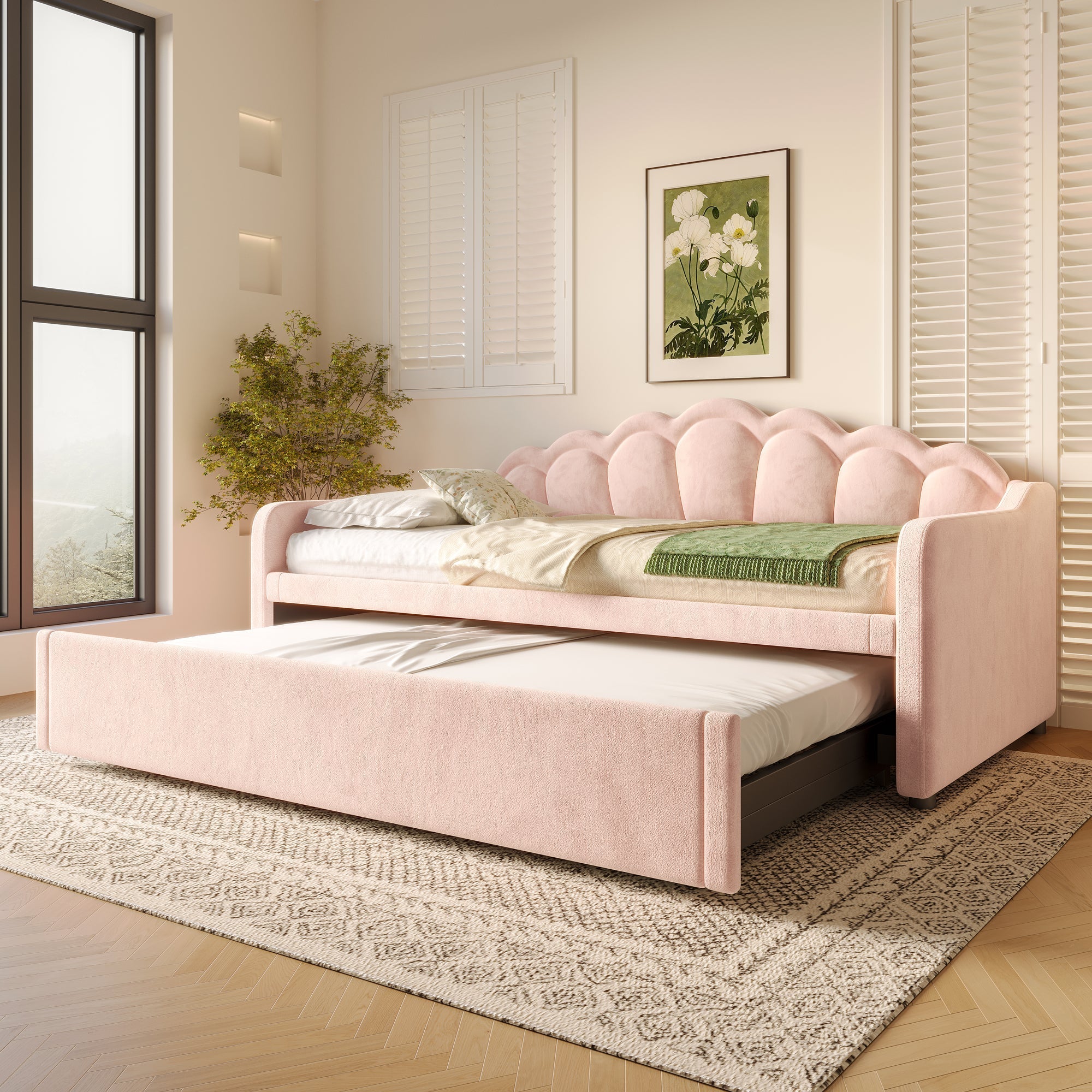 Daybed Sofa Bed Pull-out Bed LED Strip 90/180x200cm - Velvet Pink