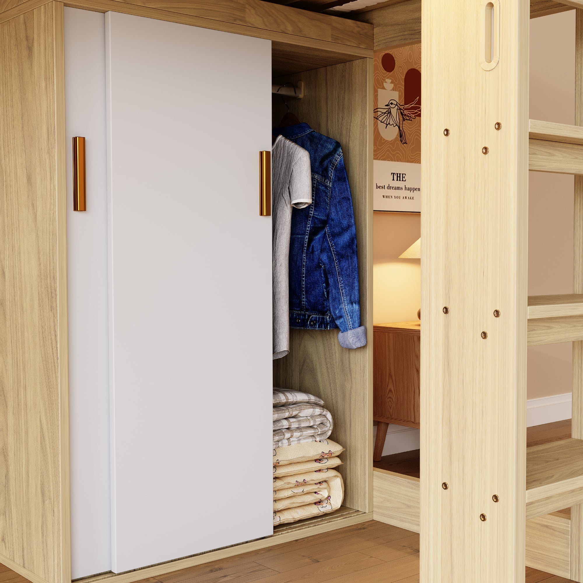 Multifunctional Loft Bed with Desk, Wardrobe, LED Lighting and Power Outlet, Wood Color
