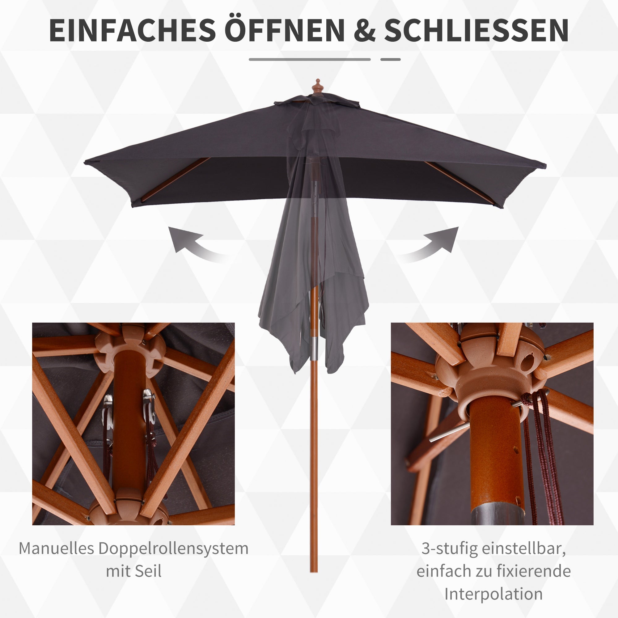 Folding Garden Parasol 3-Stage Adjustable Fir Wood Dark Grey