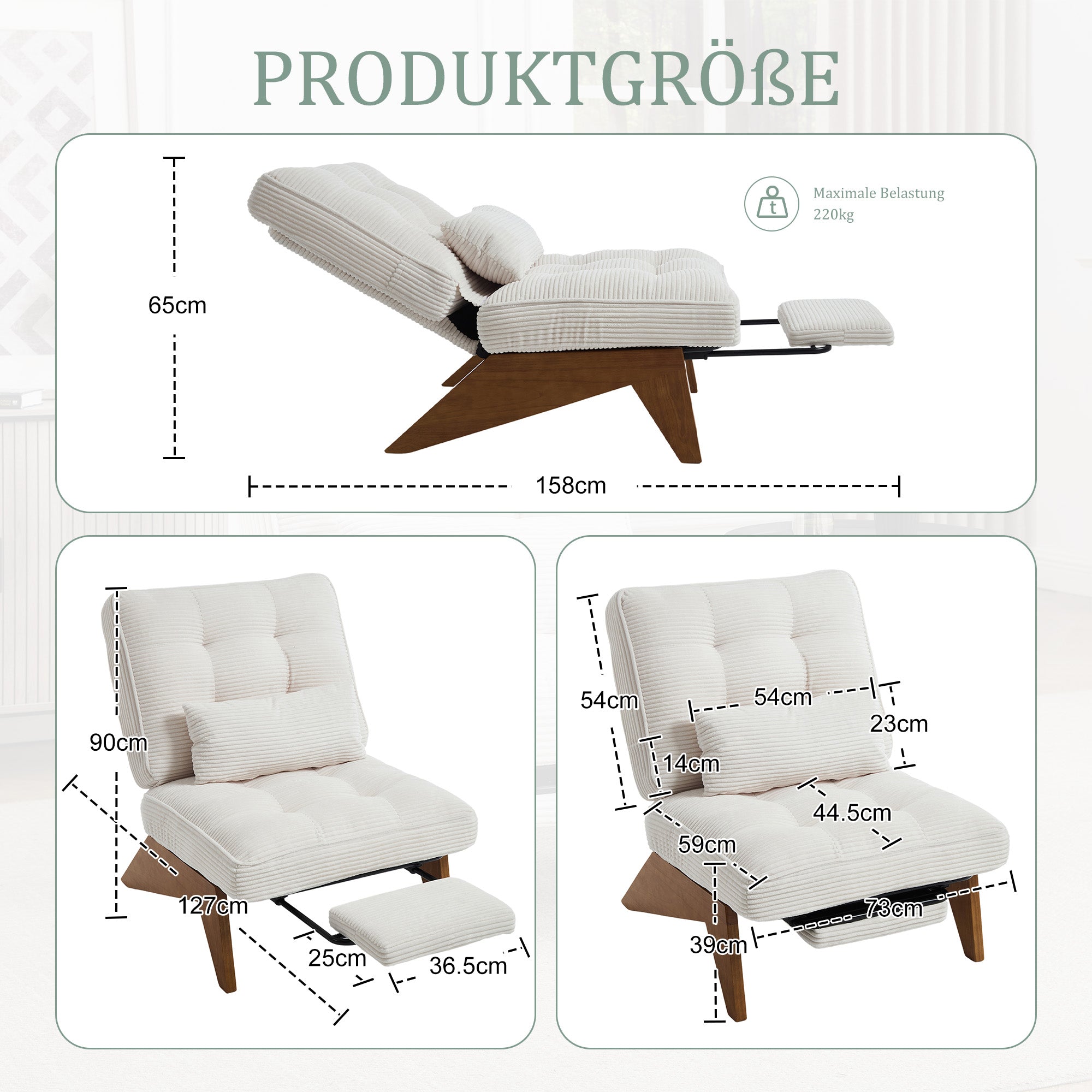 Modern Adjustable Backless Lounge Chair with Footrest, Lumbar Cushion, and Wooden Legs, Fabric