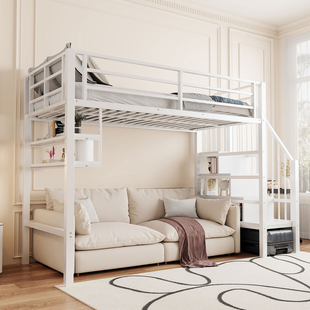 Loft Bed 90x200cm Storage Ladder Shelves - White