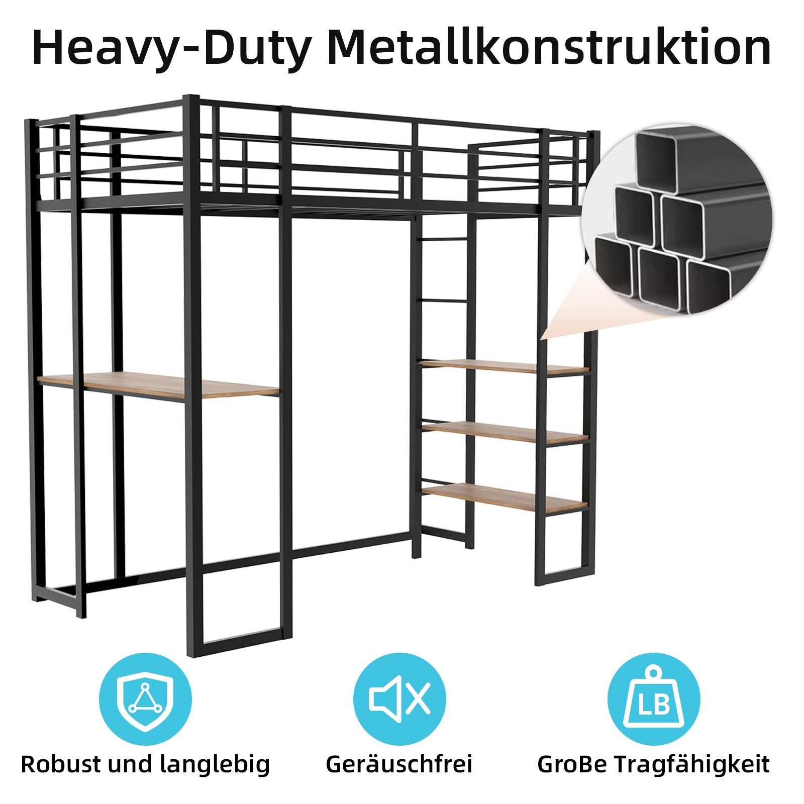 Iron Frame Bed, L-Shaped Desk, Railing & Reversible Stairs, Metal