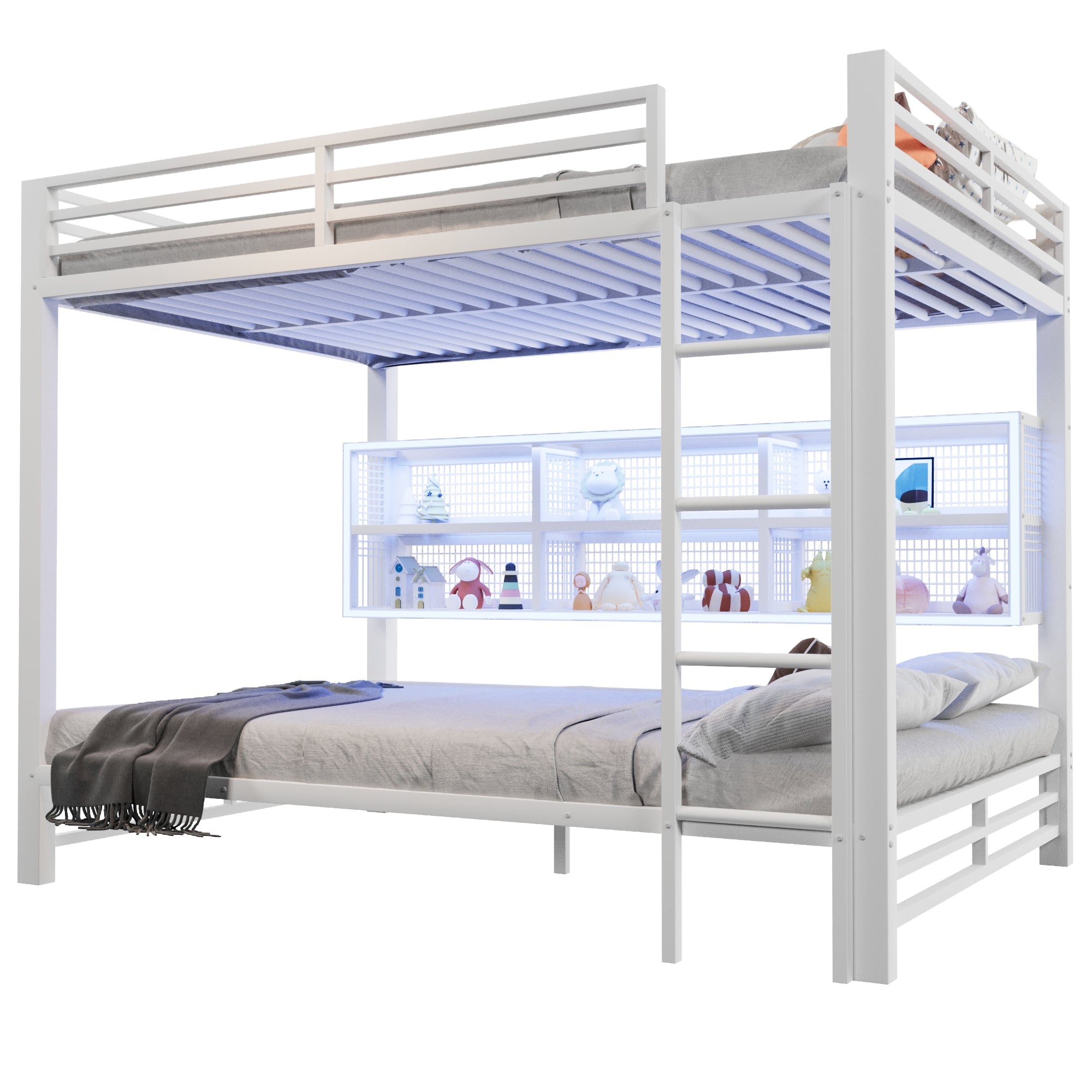 140x200 Bunk Bed with Storage Cabinets and LED Light, White