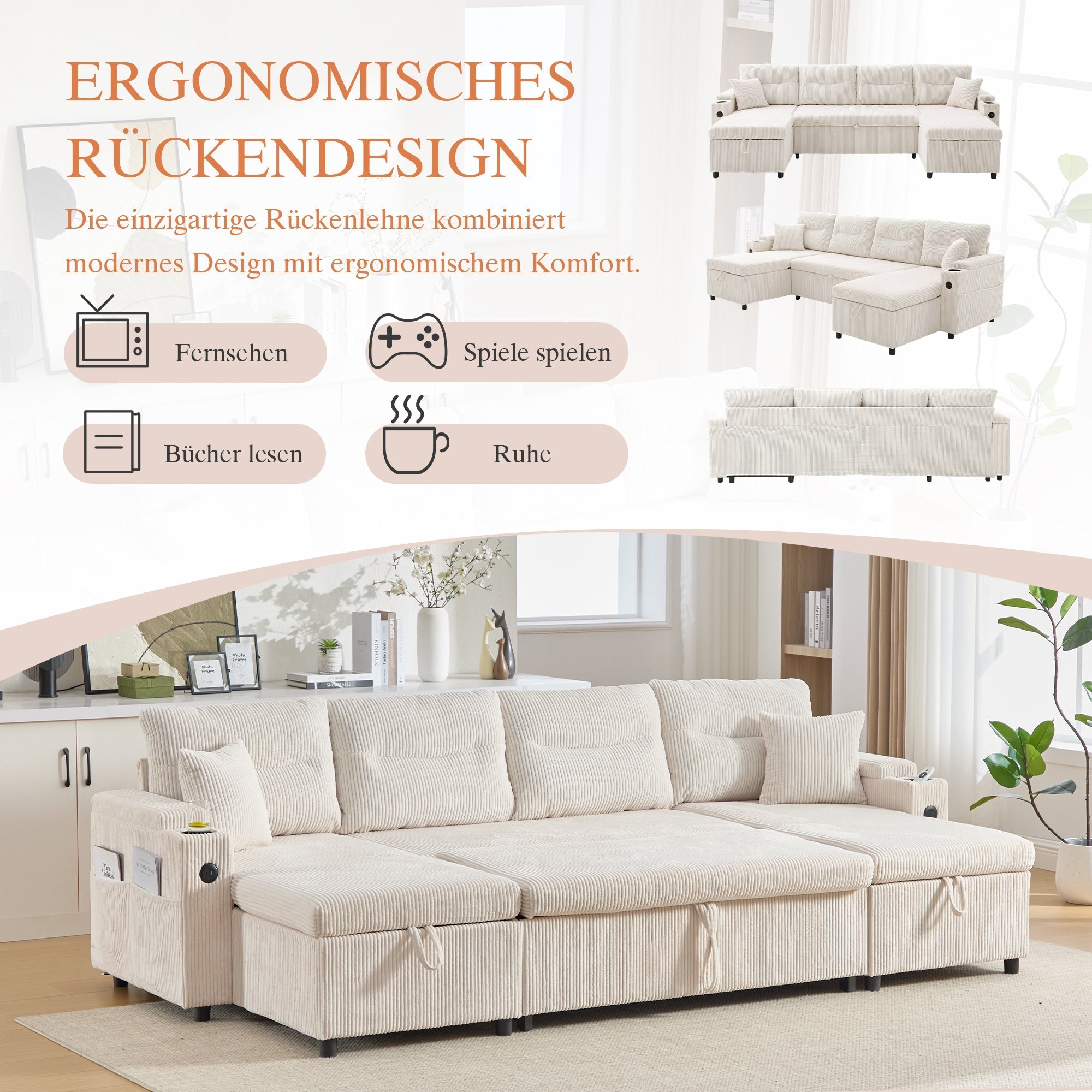 Modern 4-Seater Sofa with Double Chaise, Pull-out Bed, Storage and USB Ports, Beige Velvet