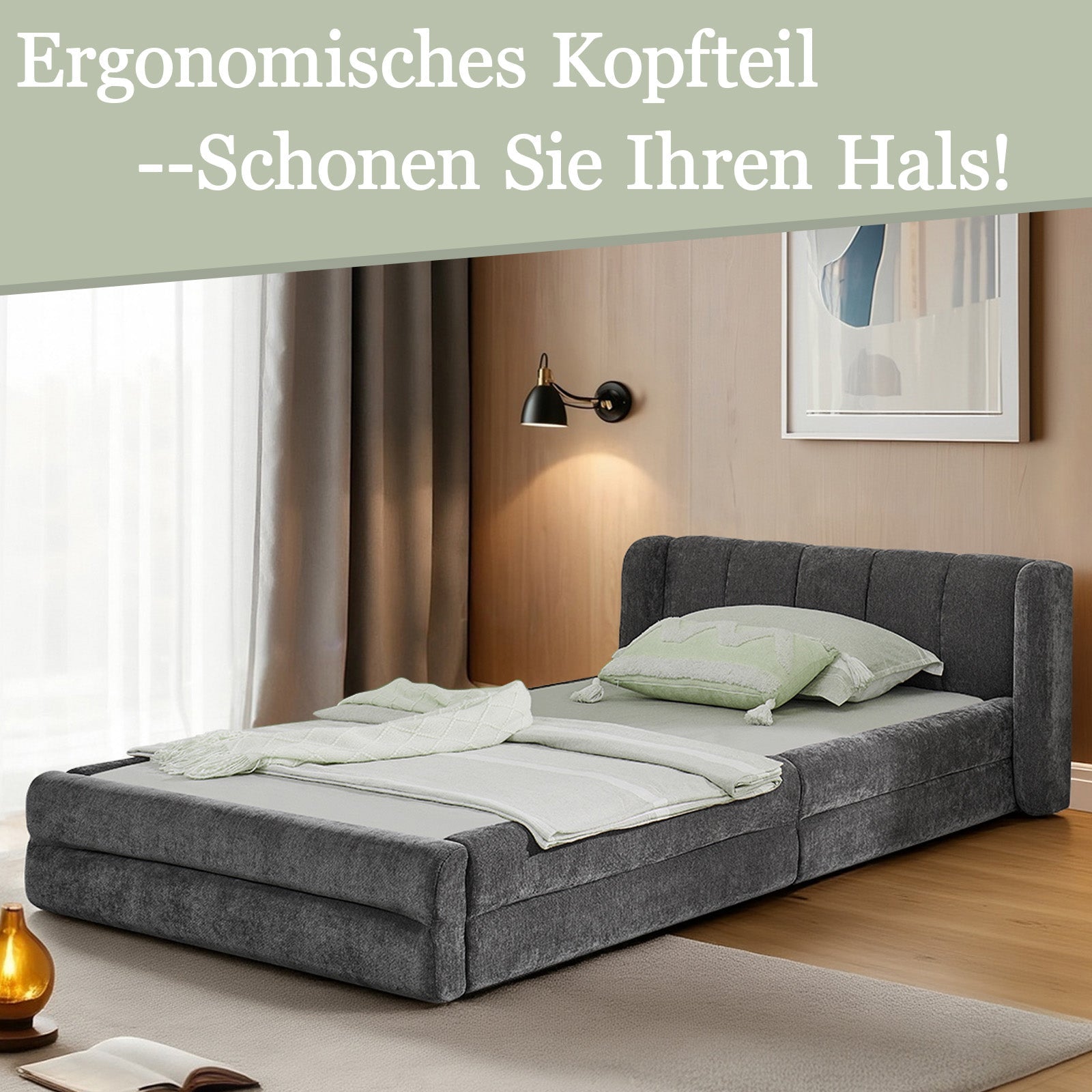 Single Bed 90x200cm Comfortable Backrest - Dark Grey Chenille