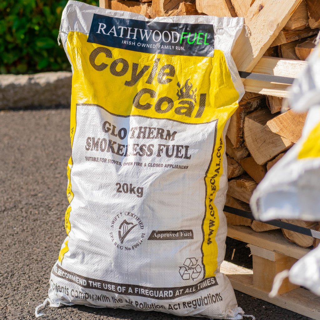 3 x 20kg Bags of Glotherm Coal and 400kg Kiln Dried Hardwood Trolley Bags on Pallet with 3 bags of kindling - Rathwood Store
