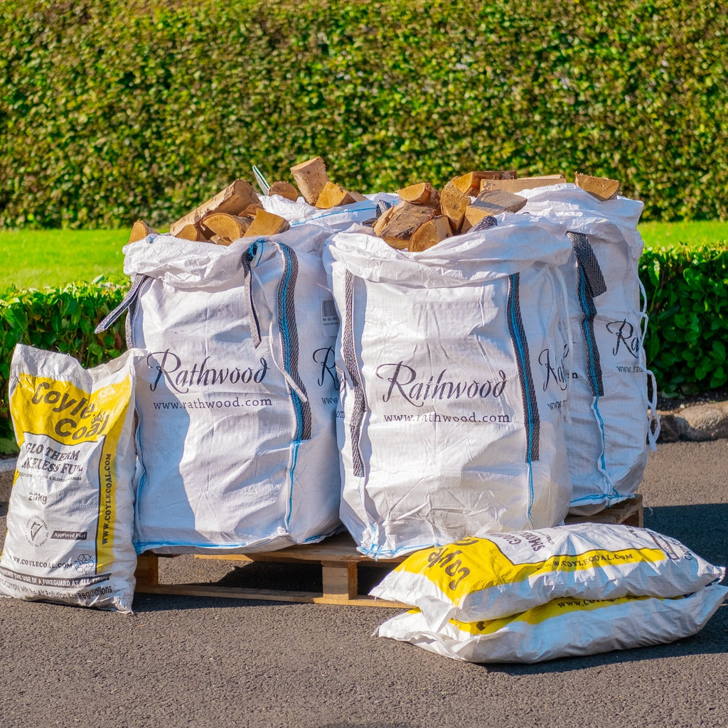 3 x 20kg Bags of Glotherm Coal and 400kg Kiln Dried Oak Trolley Bags on Pallet - Rathwood Store